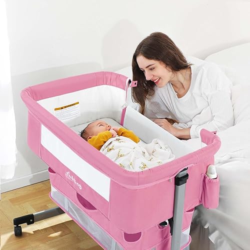 Ihoming Moisés para bebé, cuna lateral con cesta de almacenamiento, cuna plegable fácil, cama ajustable para bebé recién nacido, rosa puro
