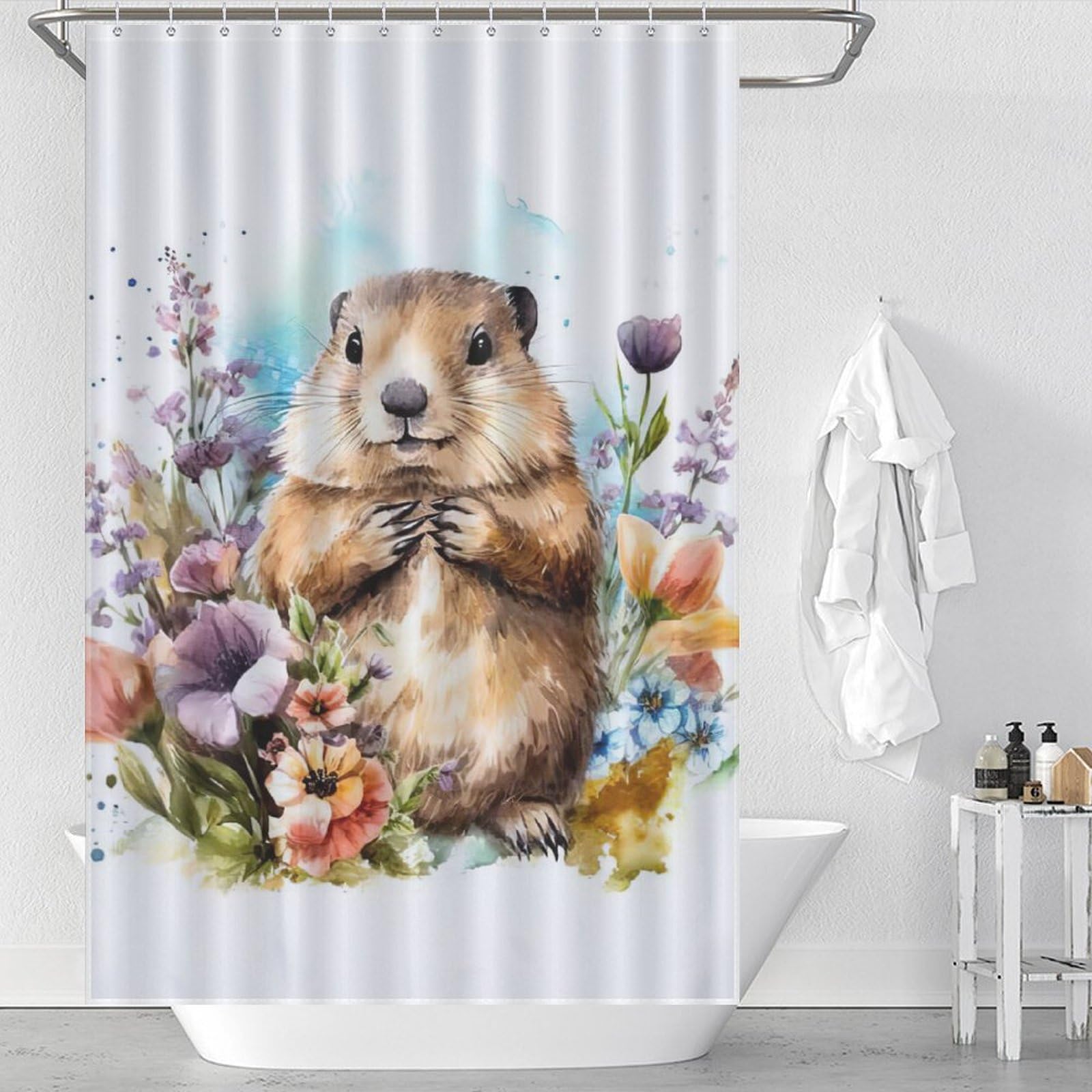 Rideau de douche 122x183 en tissu polyester imperméable Castor avec crochets pour salle de bain