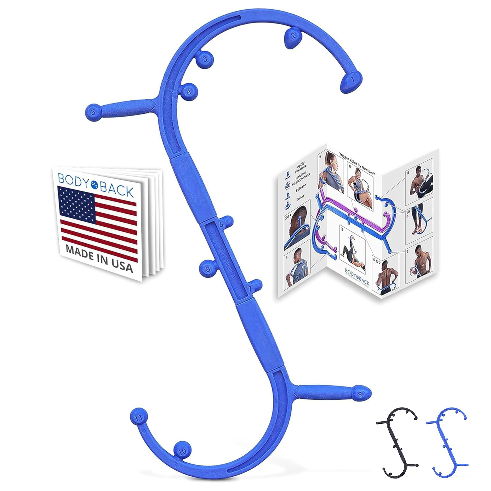 Buddy Trigger Point Back Massager with Poster, Full Body Muscle Pain Relief, Handheld Massage Stick, Massage Cane, Instructions Included (Blue)