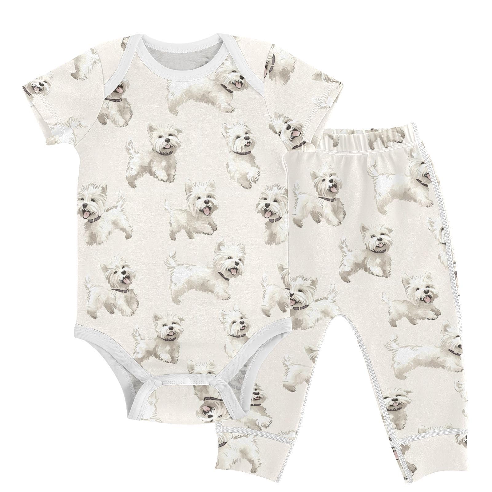 vvfelixl Baby Layette Sets Clothes,Cartoon West Highland Terriers Baby Bodysuits Set,Unisex Babys Pants Sets Short Sleeve 12-18M