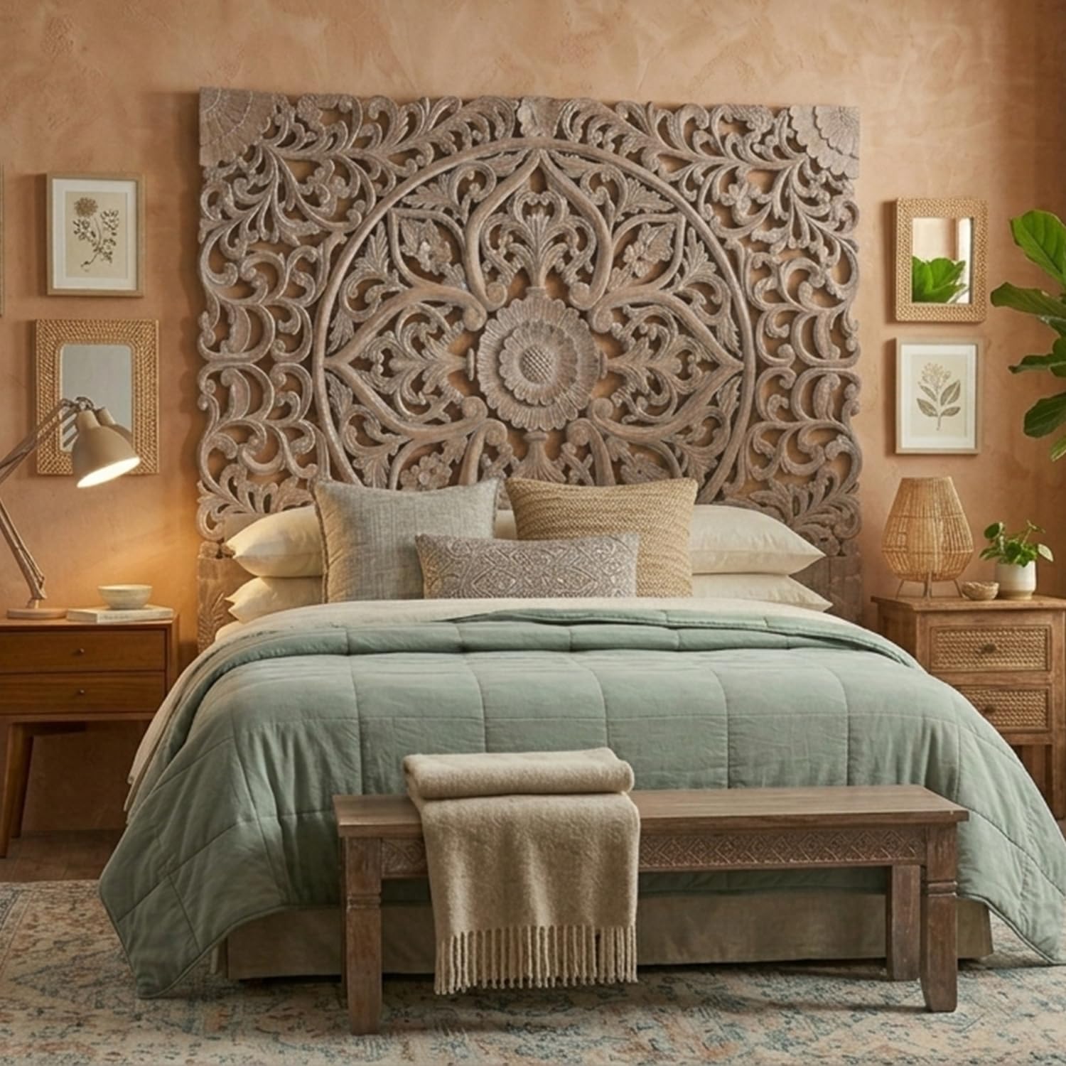 Menzzo Tête de Lit Sculptée Design Chic 180 cm en Bois Sculpté Marron – Décoration Murale Élégante pour Lit King Size