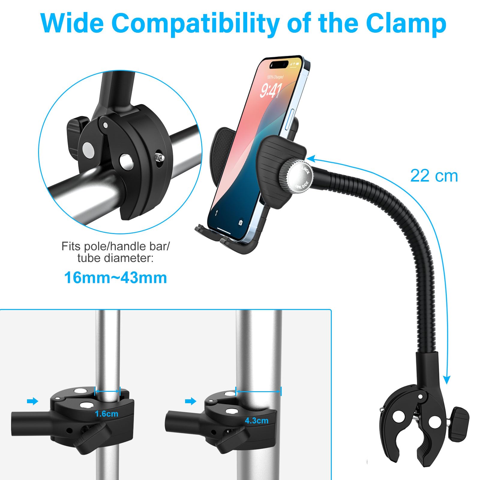 Soporte Metálico Flexible Móvil para Silla de Ruedas, Carro Bebe, Bicicleta | Soporte Móvil Cintas de Correr, Carrito - Abrazadera Manillar Tubo Barra para iPhone 17 /16/ 15, Galaxy y todos los Teléfonos