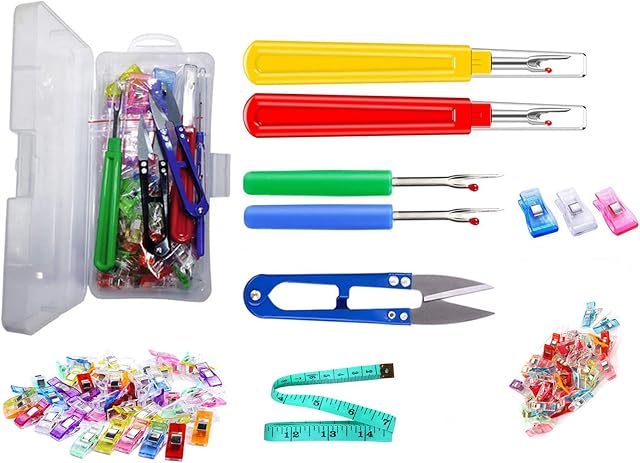 Lziizl Sewing Seam Ripper Kit,50 Pcs Sewing Clips,4 Pcs Thread Seam Ripper,1 Sewing Scissor Nipper,1 Soft Tape Measure and Storage Box