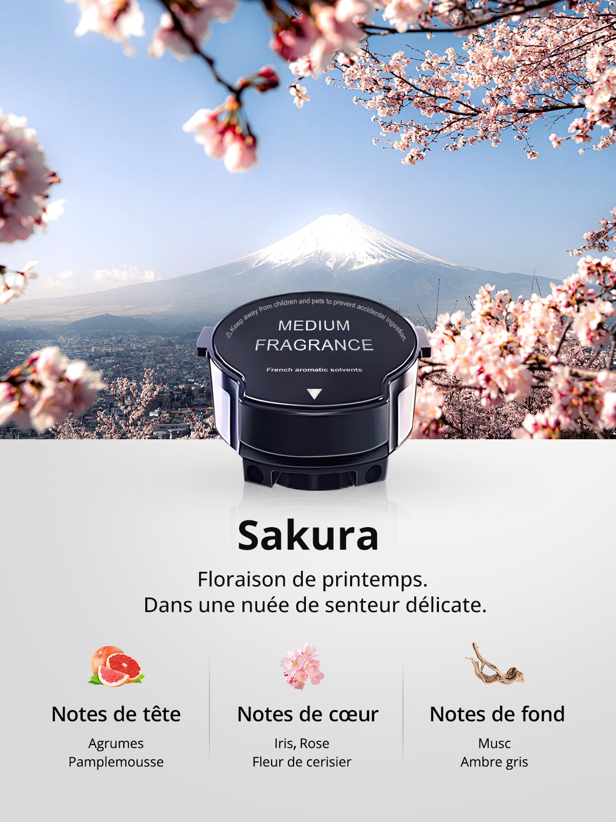 CEENIU Désodorisant de voiture CF8 Recharge de remplacement (senteur : SAKURA) Parfum naturel français pour 1200 pulvérisations. Parfum de voiture délicatement parfumé, note moyenne.