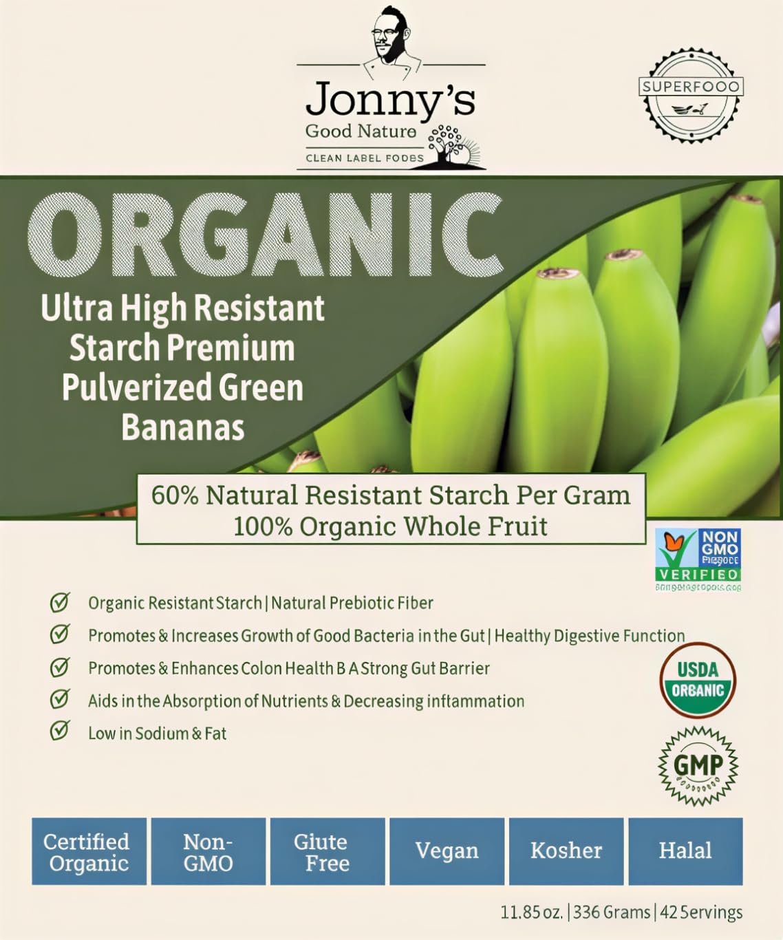 84 Servings | Jonnys Good Nature Organic Ultra High Resistant Starch Premium Green Banana Flour | On Average [10x's] More Prebiotic Fiber Than Any Other Organic Green Banana Flour On The Market | 100% Natural Organic Prebiotic Resistant Starch Superfood