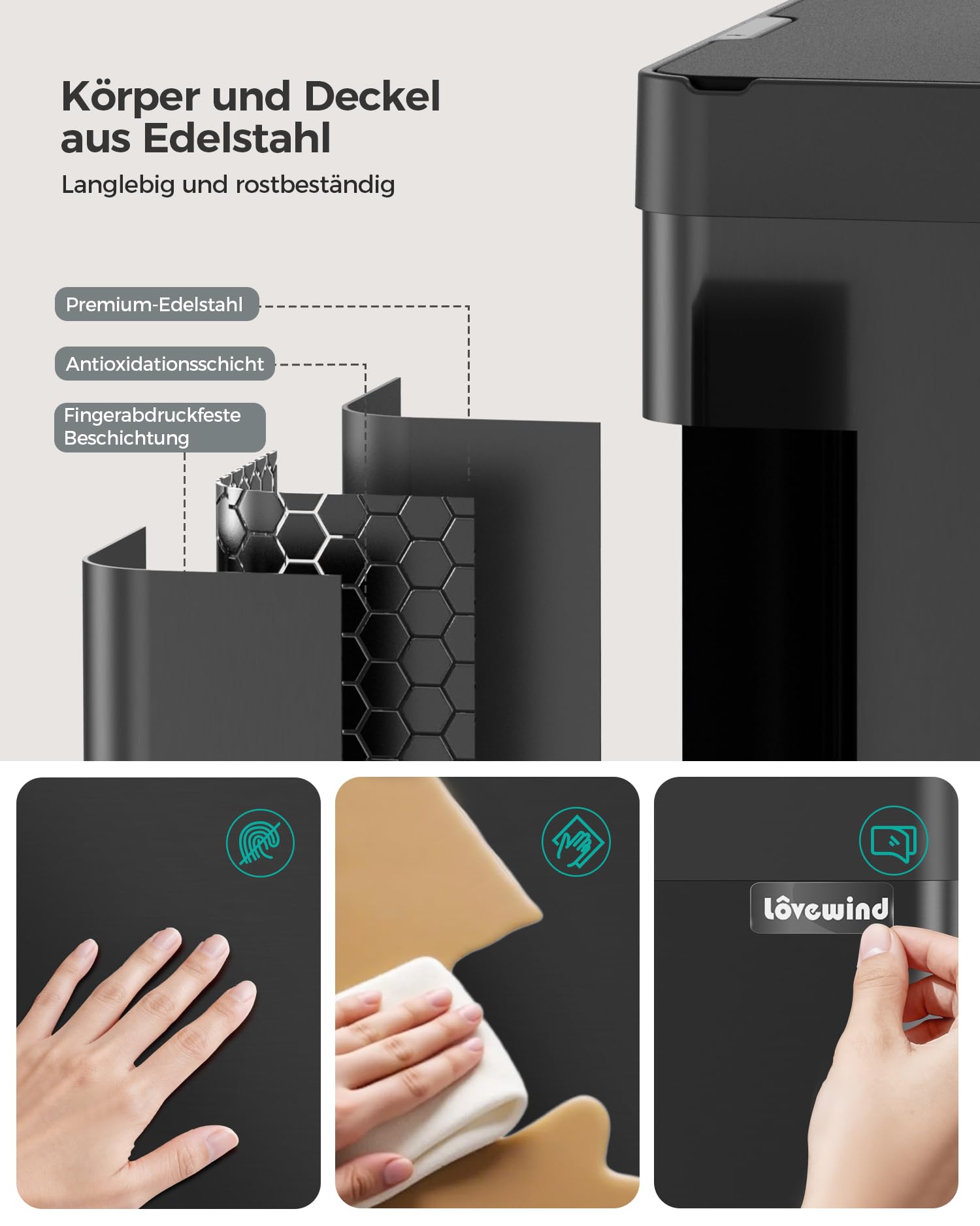 lovewind 55L Sensor Mülleimer Küche, Automatischer Mülleimer mit Sensor & Type-C Aufladung, Edelstahl Abfalleimer mit Deckel, Berührungsloser Küchenmülleimer, Soft-Close Deckel, Geruchsdicht, Schwarz