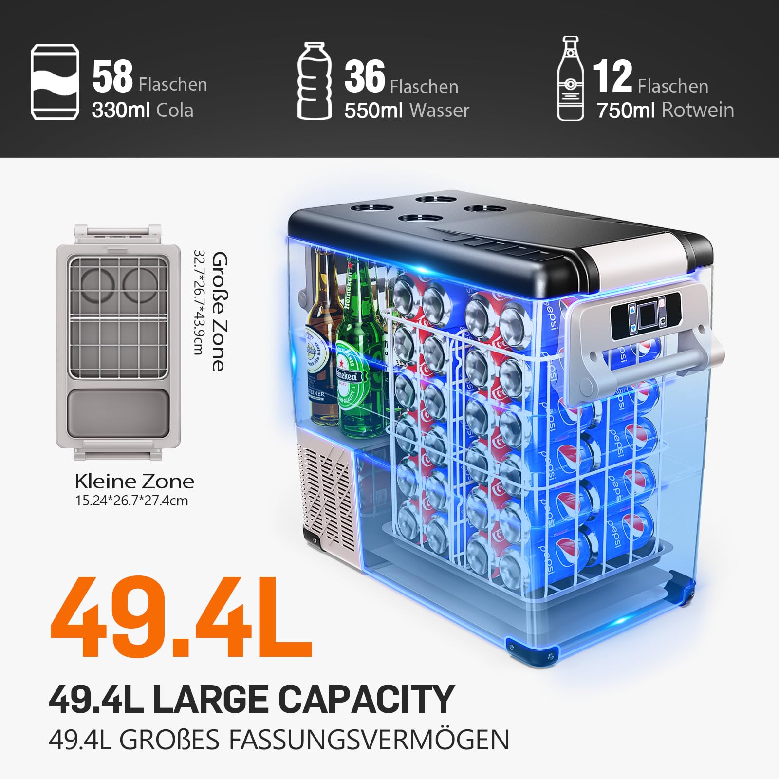 EUHOMY Kompressor Kühlbox 49.4L, Kühlbox Auto Kompressor mit 12/24V DC & 240V AC, tragbarer Kühlschrank Gefrierschrank Kühlschrank Kühler für Auto, RV, Camping, Reisen, Angeln, Outdoor oder Home Use