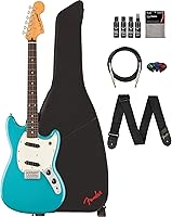 Vista 1 de Fender Player II Mustang - Paquete azul Aquatone con estuche, correa, cable, paquete de 3 púas y kit de limpieza de guitarra