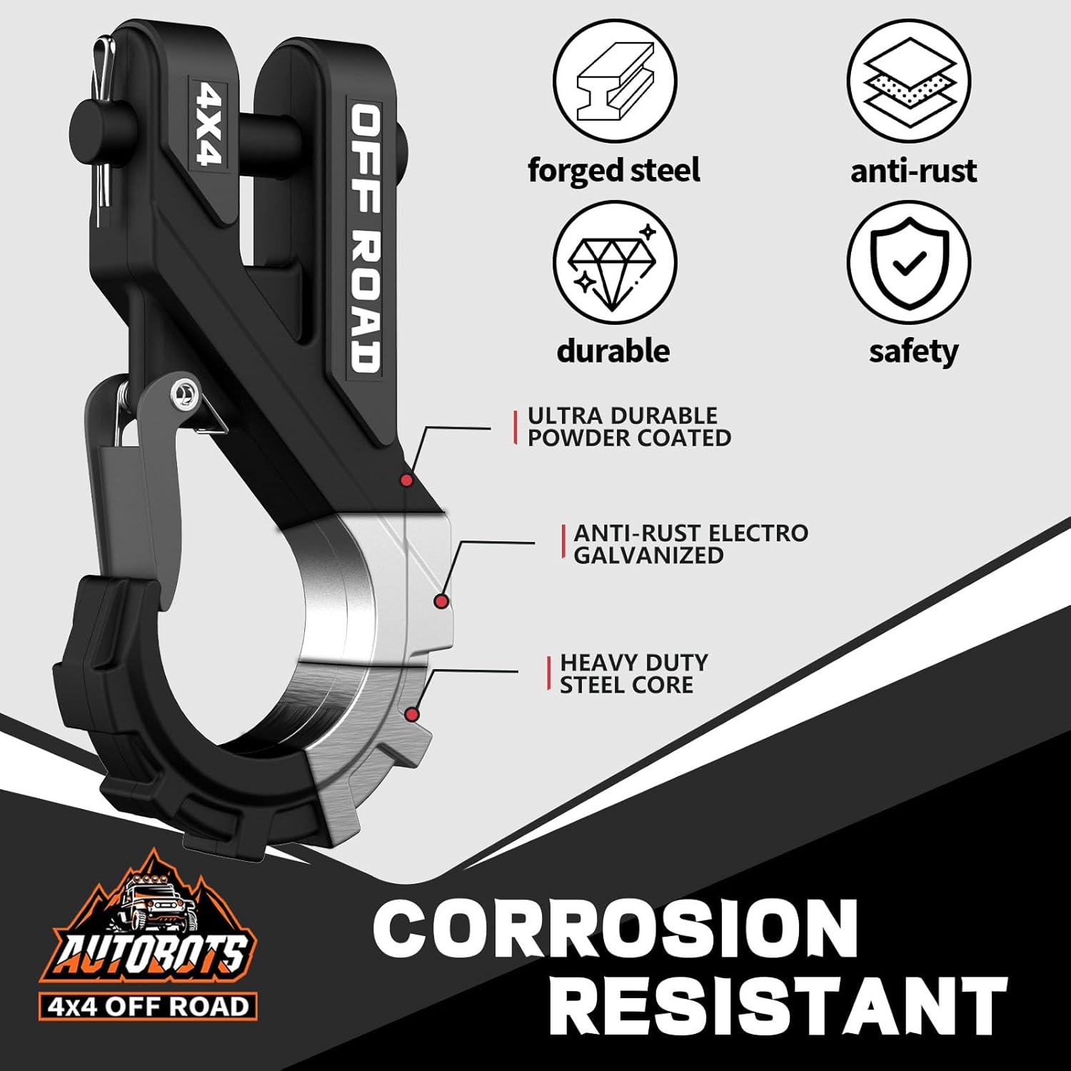 AUTOBOTS 3/8" Winch Hook Max 45,000 Lbs, Heavy Duty ATV Winch Hook with Safety Latch for ATV UTV SUV Trailers,Tow Winch Accessories for Synthetic Rope Winch Cable Black - Image 3