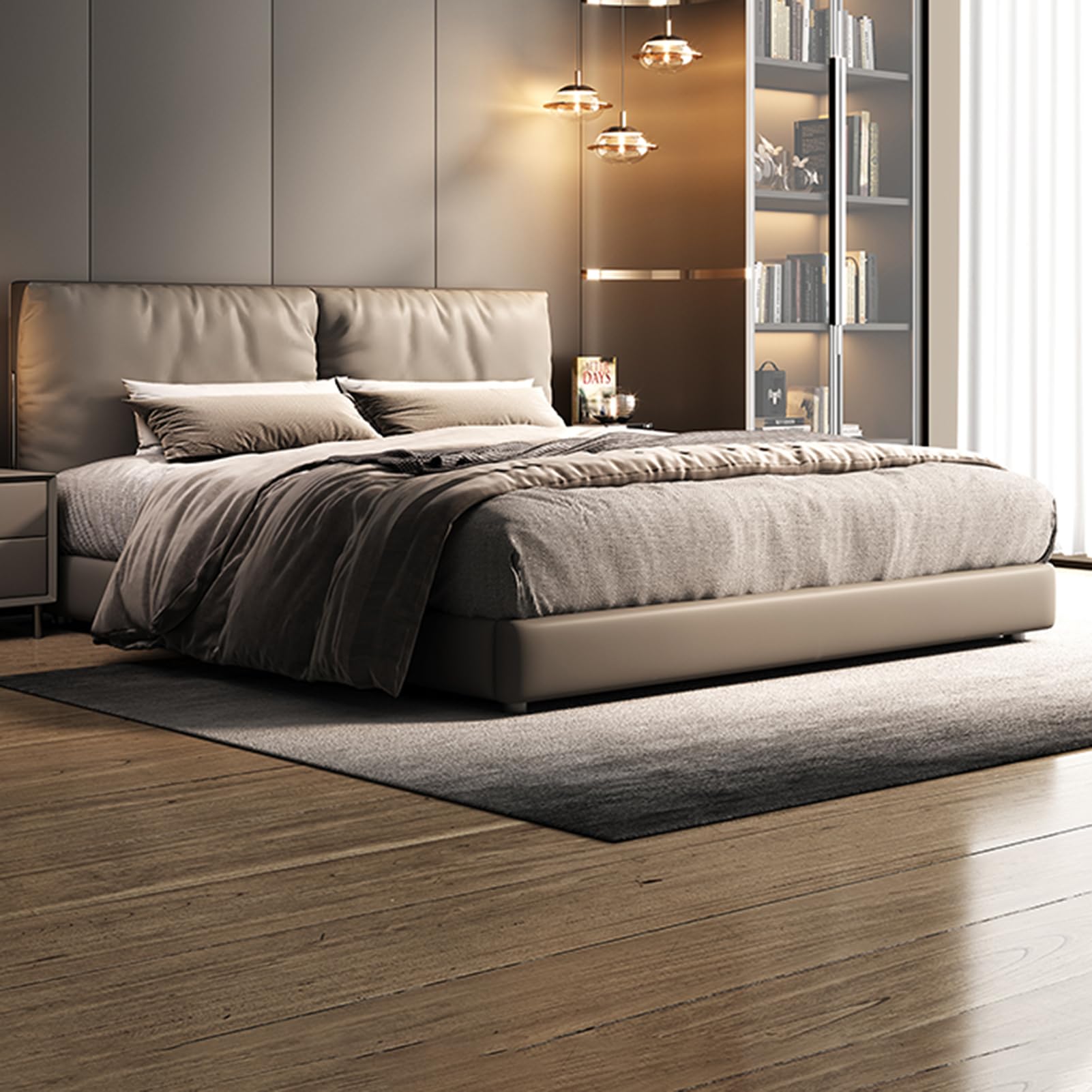 King Size Genuine Leather Wood Bed Upholstered Platform Bed Frame with Headboard and Lift Up Storage Wooden Slats