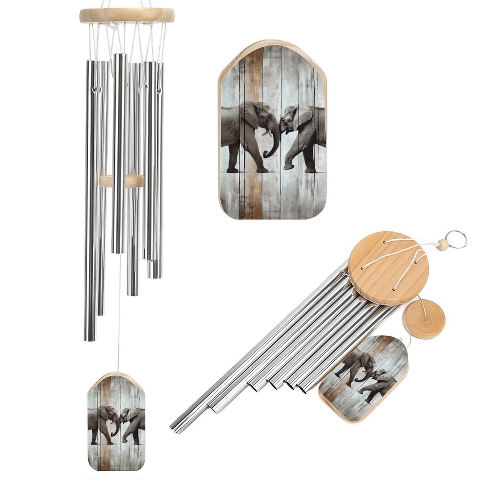 Carillon à vent éléphant en bois suspendu avec 6 tubes aluminium pour décoration extérieure