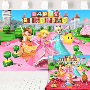 خلفية عيد ميلاد Super Mario Princess Peach للفتيات Princess Peach Castle Garden Background Daisy and Rosalina Video Game Banner 7x5 ft 417