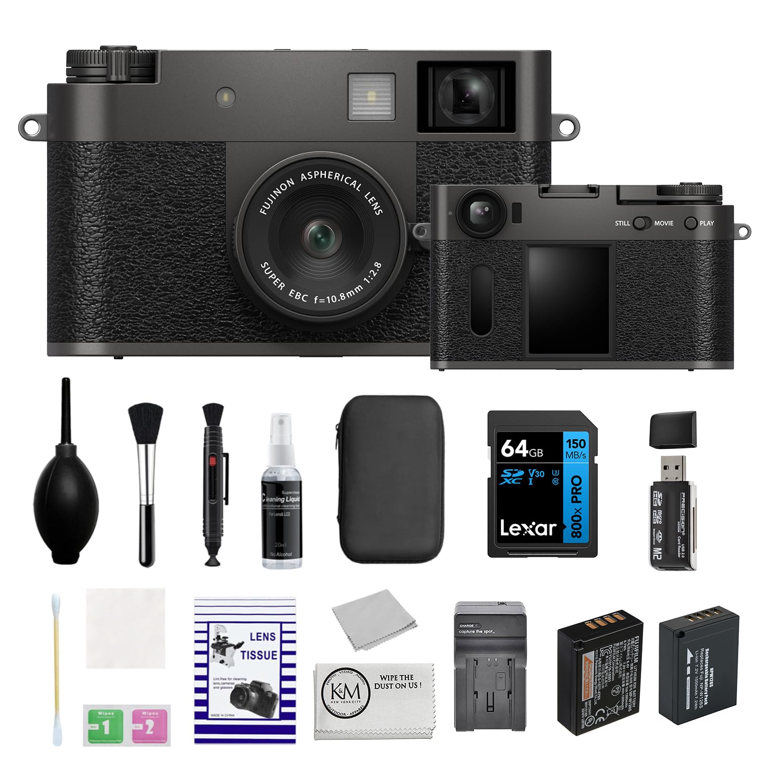 FUJIFILM X Half Premium Compact Camera | Charcoal Silver Bundled with 64GB Memory Card + Extra Battery + Charger + Cleaning Kit + Microfiber Cloth (7