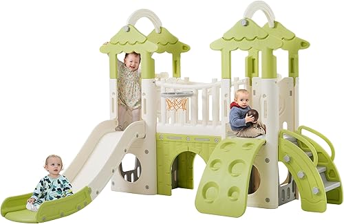 Juego de tobogán de selva 8 en 1, para interiores y exteriores con aro de baloncesto, telescopio y pared de escalada, diseño de casa de árbol, juego