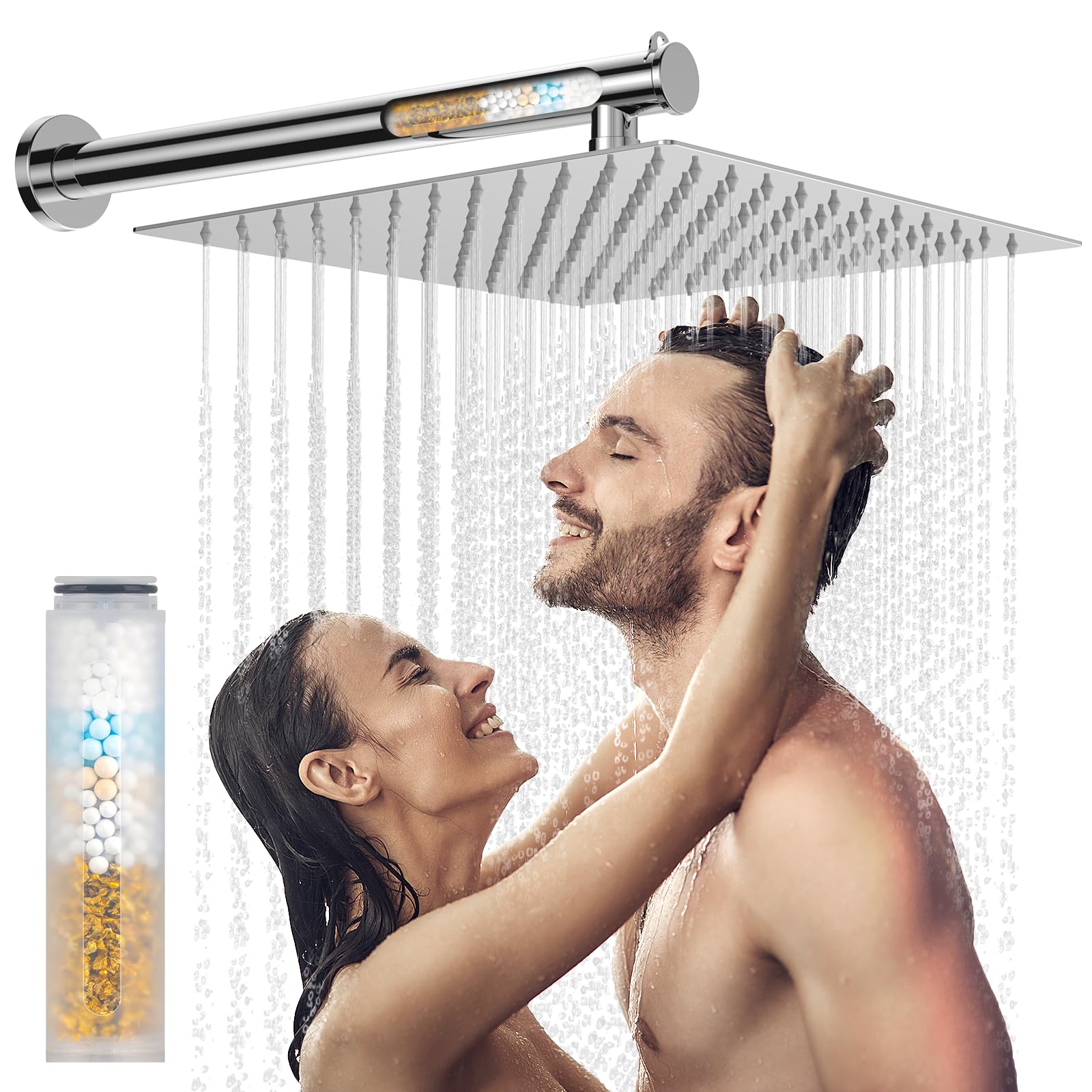 MakeFit All Metal Rain Shower Head with Filtered Extension Arm, 12 Inch High Pressure Rainfall Shower Head, 16 Inch Shower Arm with Hard Water Filter, Large Square Stainless Steel Waterfall Showerhead