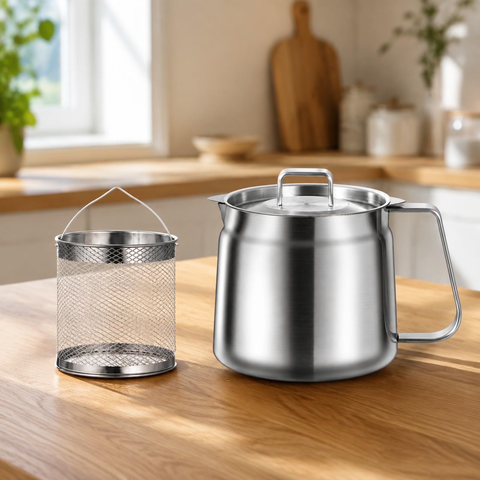 KESOTO Aceitera Acero Inoxidable Olla Acero Inoxidable con Cesta Freído Vertido Ave Aceitera con Filtro Malla para Cocina, 1.5L