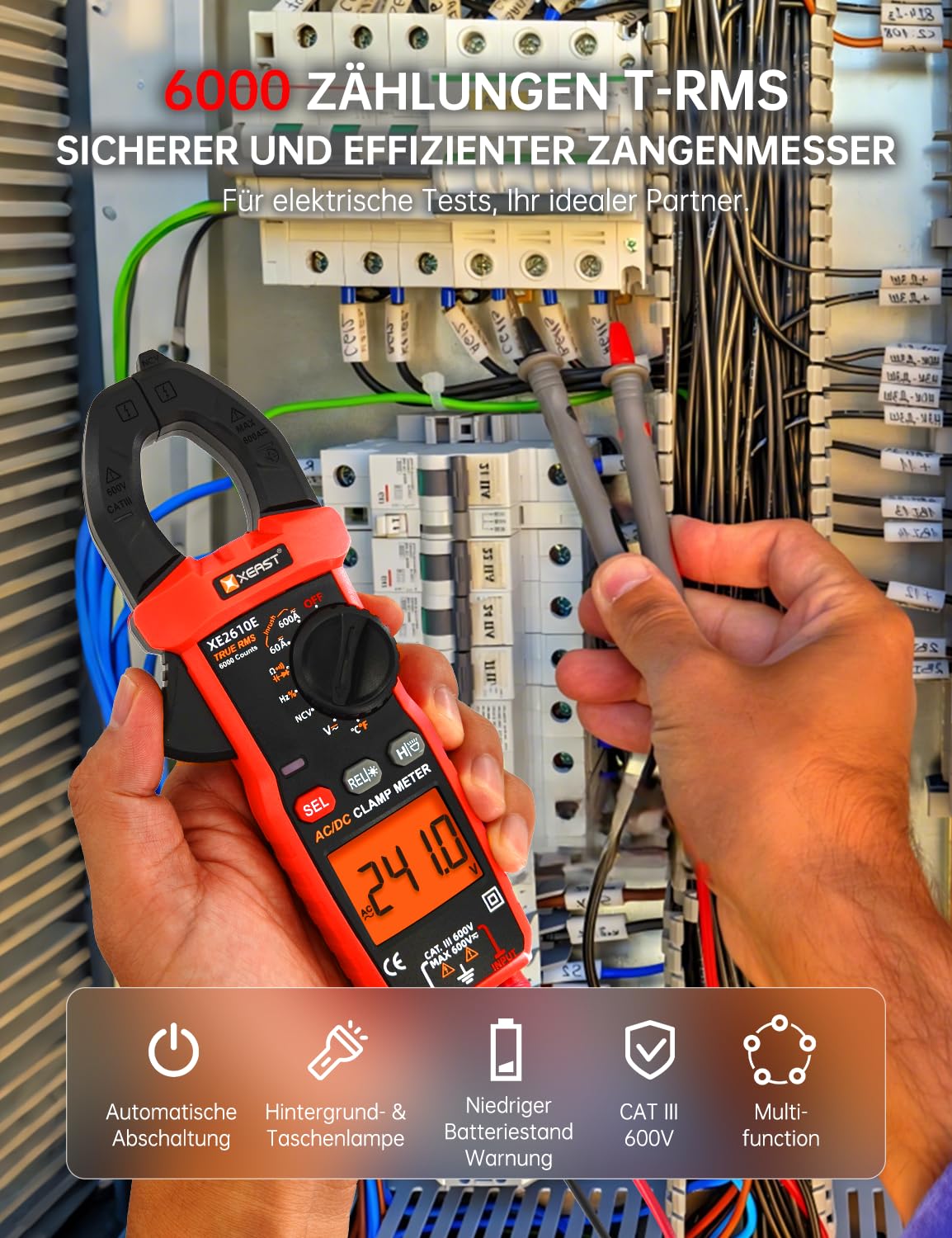Inrush Digital Zangenmessgerät, TRMS Multimeter 6000 Zählungen, Auto-Ranging, misst AC/DC Strom, Spannung, Kapazität, NCV, Frequenz, Live Wire, Widerstand, Diode, Durchgang – AC/DC Stromzange