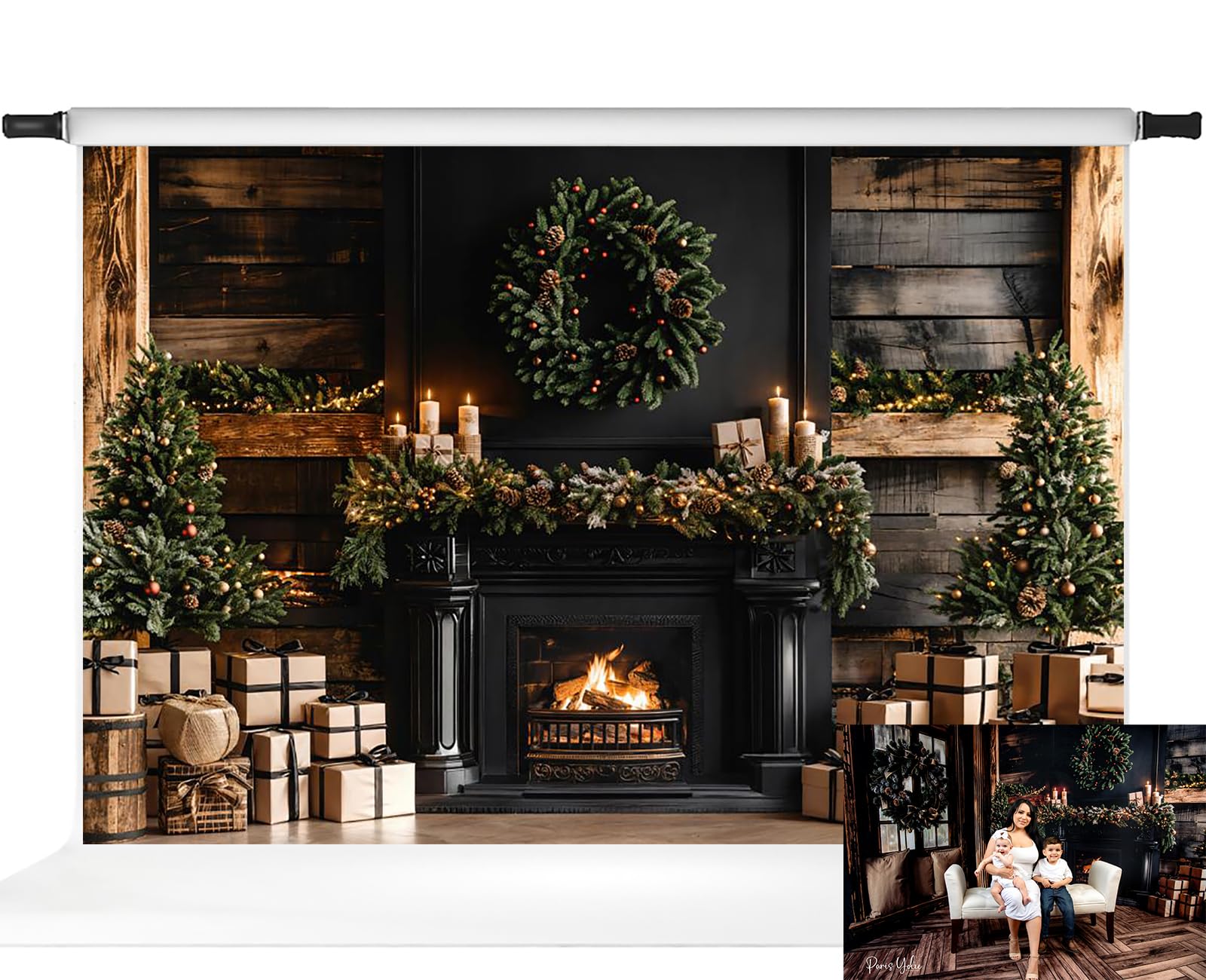Photo 1 of Kate Christmas Backdrop for Photography Black Fireplace Backdrops Modern Backdrops Christmas, 10x10ft