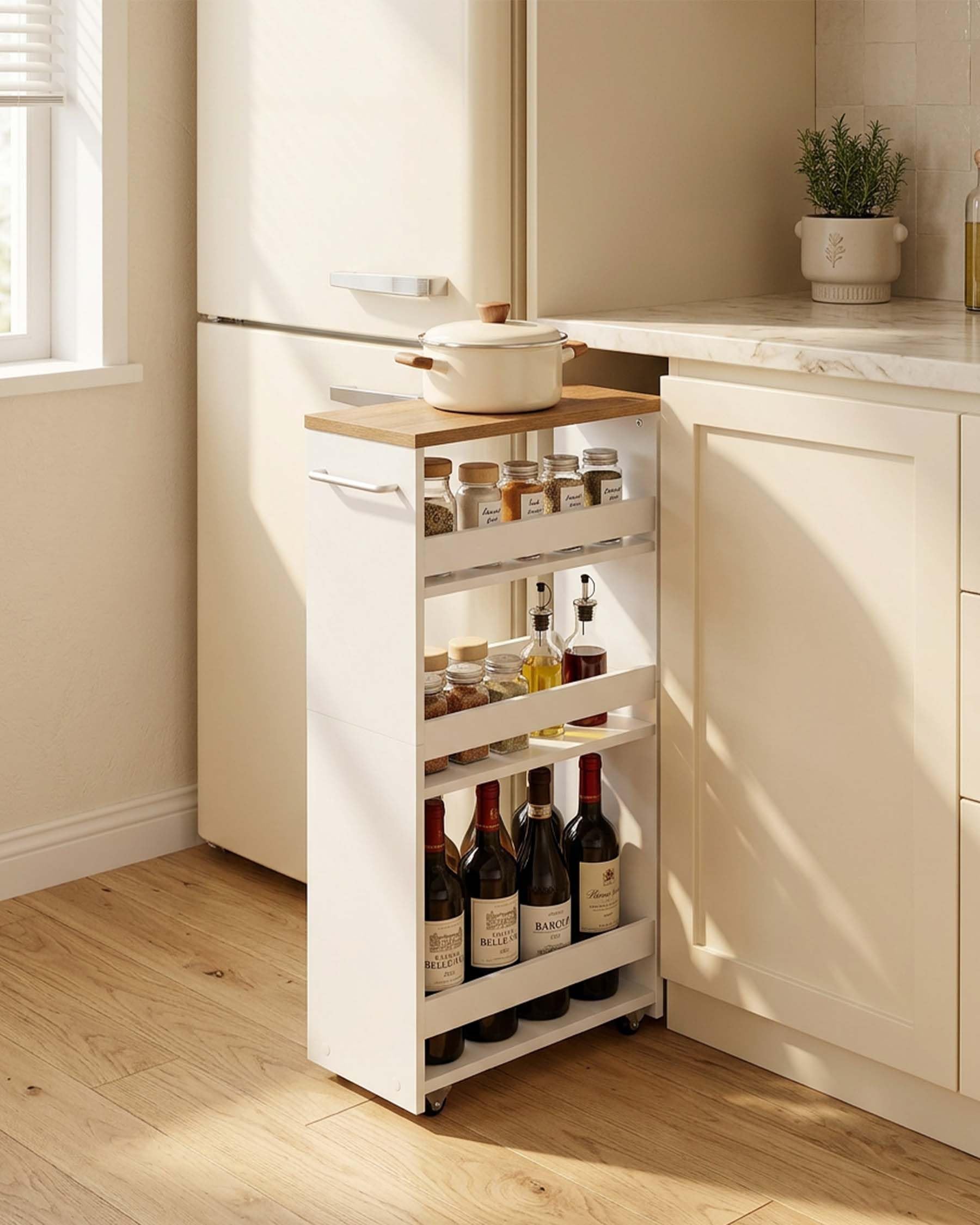 Carrito de Almacenamiento Estrecho Blanco 5 Niveles 40×22×108cm | Cuatro ruedas, dos con freno, facilitan el desplazamiento; el asa lateral y los ganchos añaden espacio de almacenaje.