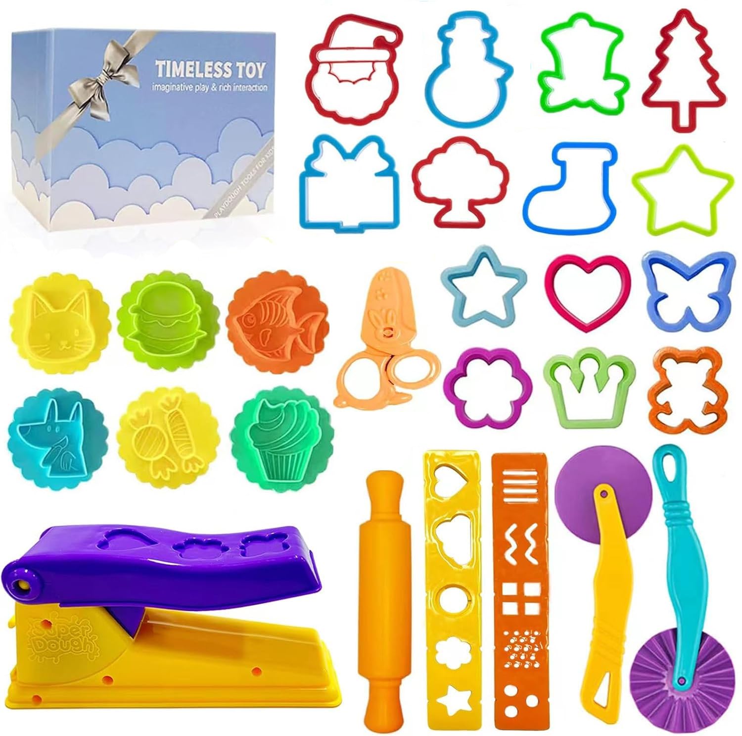 Decebaya Playdough Moulds Set 27PCS, Kids Dough Tools Kit, Christmas Shape Cutters Extruder Rolling Pin
