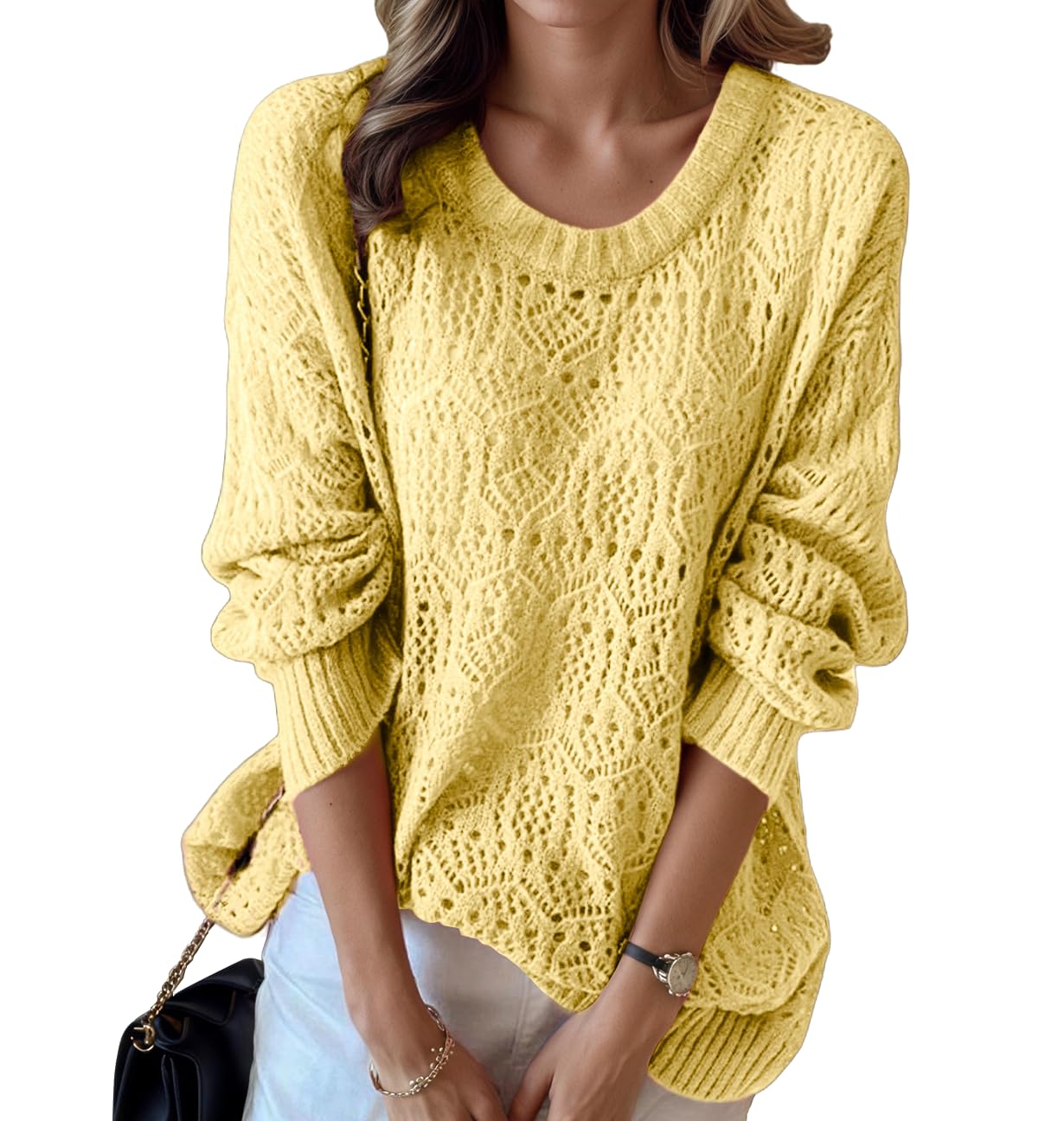 Womens Crochet Fall Sweaters Lightweight Hollow Out Long Sleeve Crewneck Casual Knit Pullover Tops