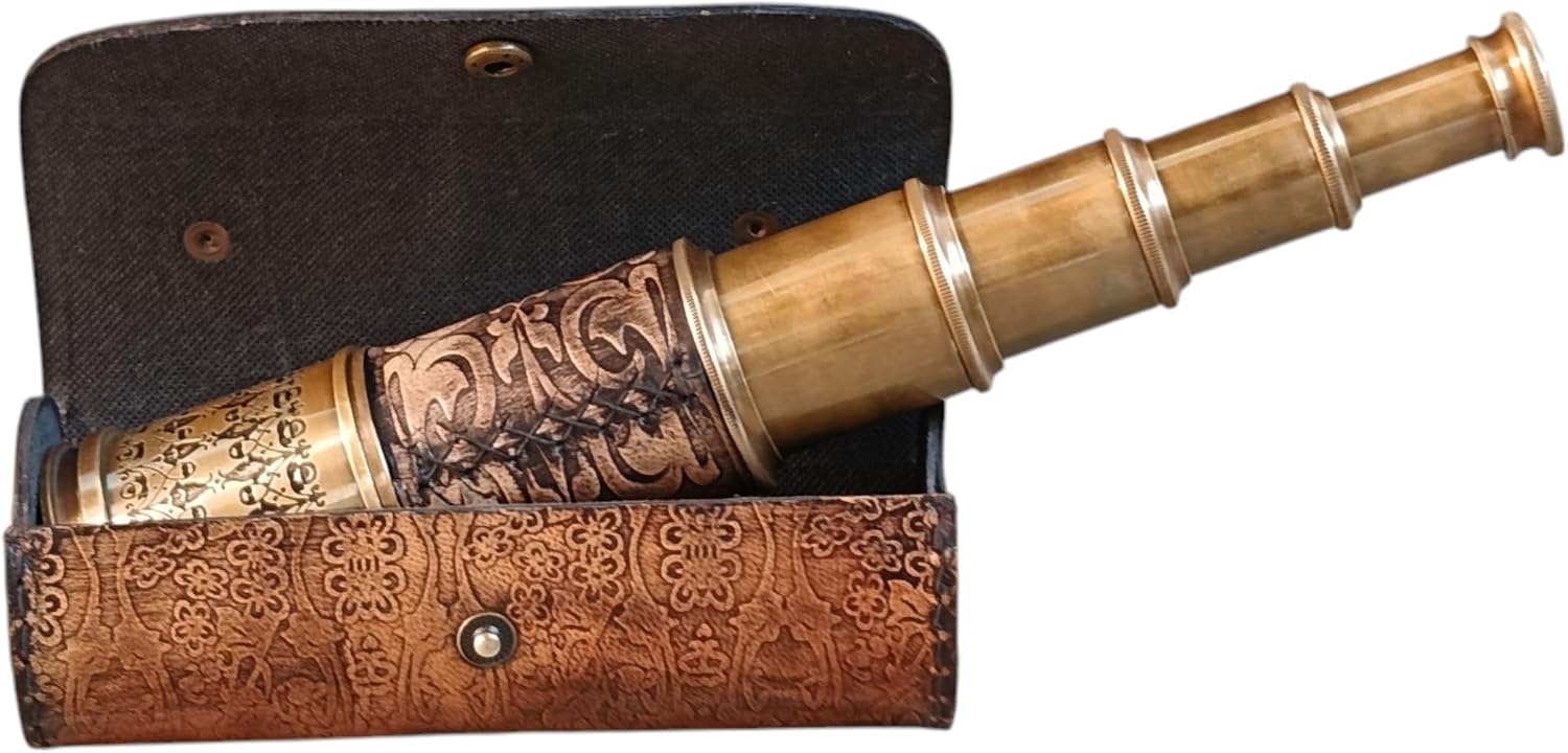 Antique Brass Pirate Telescope – Vintage Handheld Spyglass – Nautical Monocular Telescope for Kids, Cosplay, Décor, or Gifts – Foldable Brass Scope with Leather Box