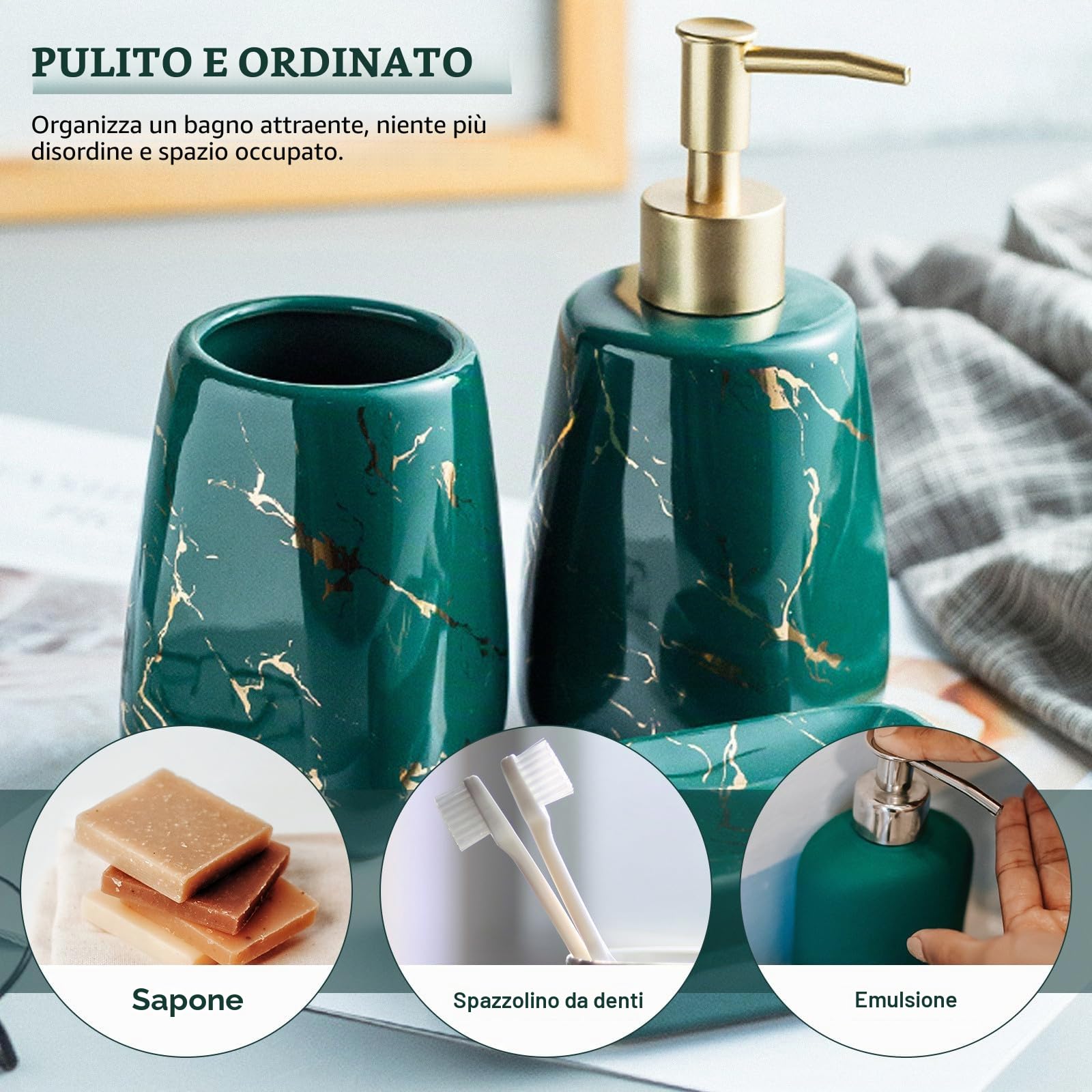 BESPORTBLE Set Bagno Porta Sapone e Spazzolini in Ceramica Effetto Marmo 3 Pezzi, Facile da Pulire e Design Esclusivo per Mantenere Bagno Ordinato e Raffinato