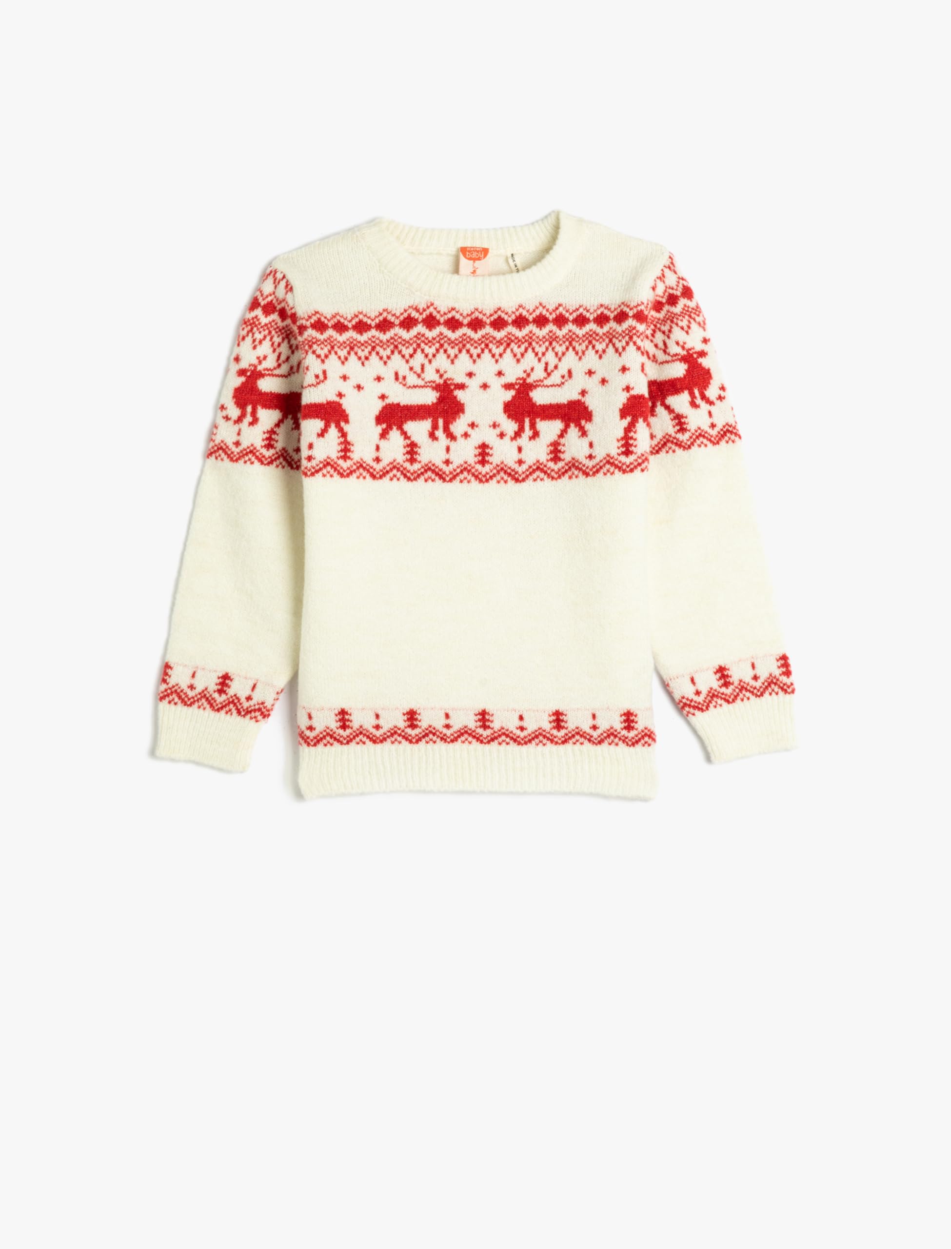 Pull-over petites filles col rond ecru tricot doux a motif cerf - 4