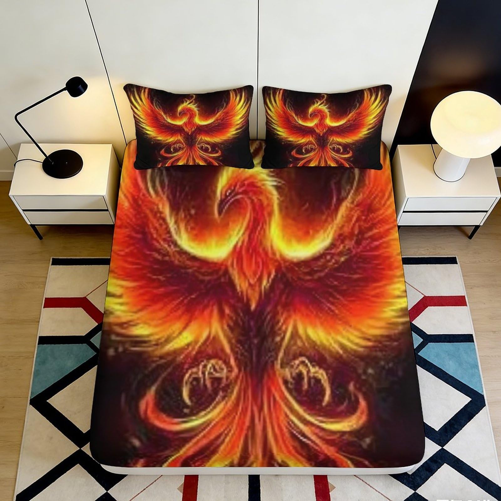 3D Printed Fire Phoenix Fitted Sheet Microfiber Soft Breathable Flame Bird Mattress Cover for Bedroom Dorm Mattress Protection Decor 160x200x25cm