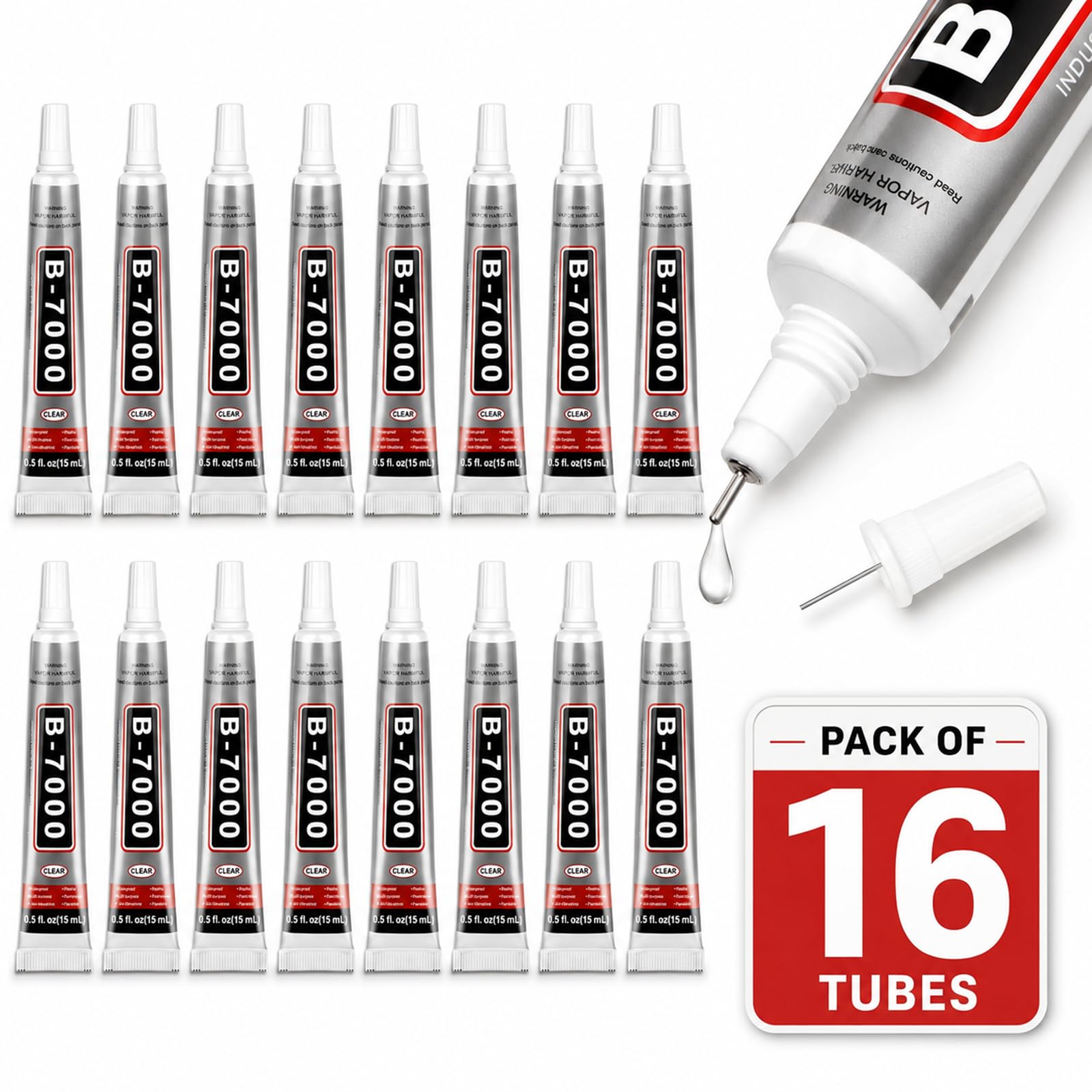 16-Pack Clear B-7000 Multi-Purpose Adhesive with Precision Tips - Strong Flexible for Home Repairs, DIY Crafts, Art Projects, Wood, Plastic, Glass, Fabric, Metal and Rubber Bonding