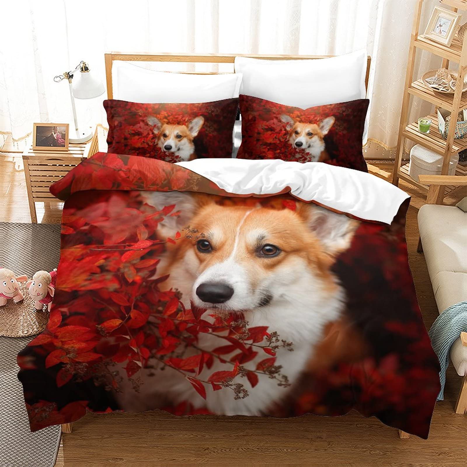 Parure de lit Corgi et housse de couette imprimée 3D avec 2 taies d'oreiller et fermeture éclair