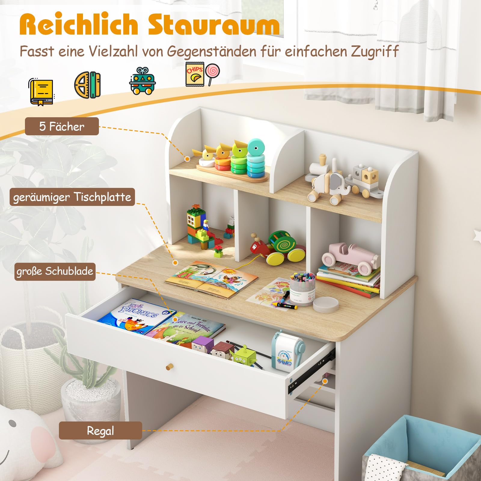 COSTWAY Schreibtisch Kinder, Kinderschreibtisch aus Holz, Schülerschreibtisch mit Schublade & Ablagefach, Jugendschreibtsich mit Stauraum, Kleiner Kindertisch für Kinder ab 3 Jahren (Natur)