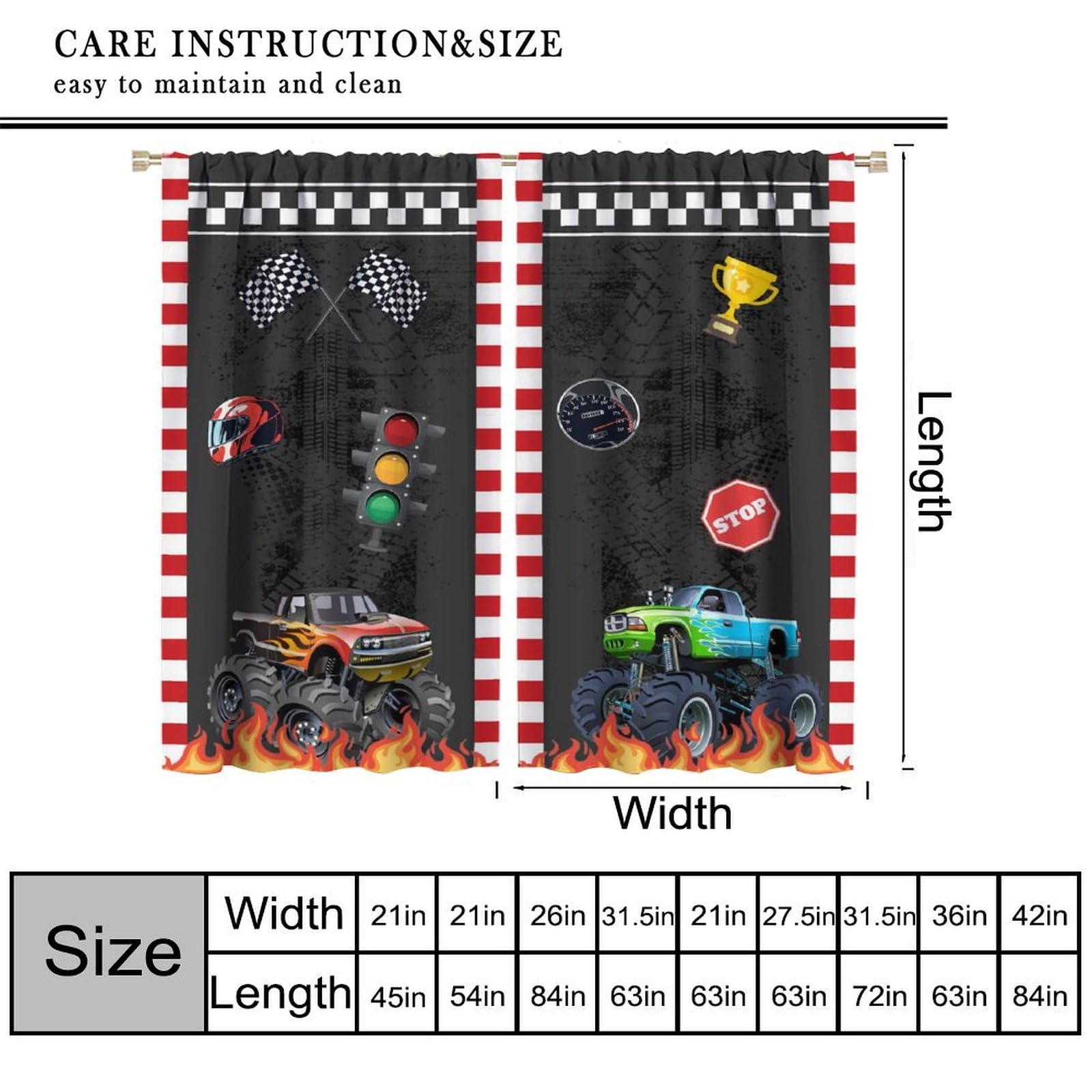 KANEPE Racing Curtains, Car Race Flag Red Flame Cartoon Colorful Monster Truck Print Blackout Window Treatments, Rod Pocket Thermal Insulated Drapes for Kids Bedroom Living Room, 42