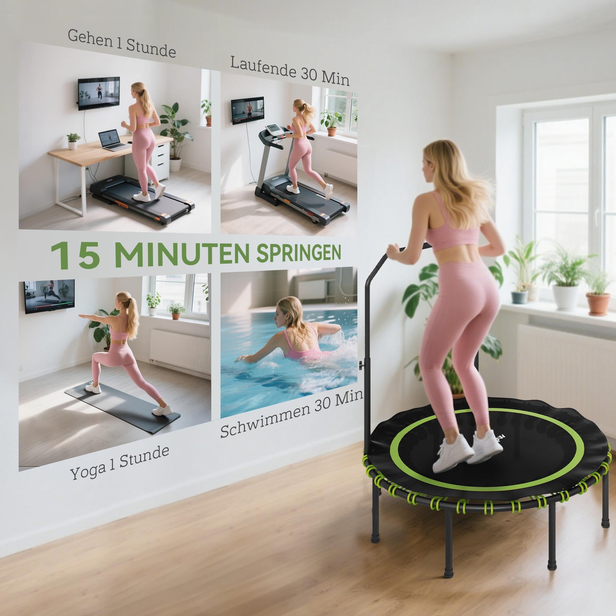 SPORTNOW Trampolina fitness, Ø 114/122 cm, składana, mini trampolina z 5 regulowanymi stopniami uchwytu, cicha gumowa linka, trampolina dla dorosłych, do użytku wewnątrz i na zewnątrz