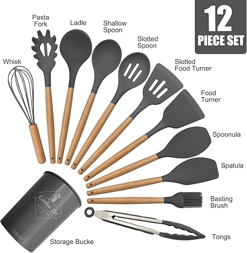Miniatura 3 de Ismosm Juego de 12 utensilios de cocina de silicona con asas de madera maciza y un cubo de soporte (gris oscuro)