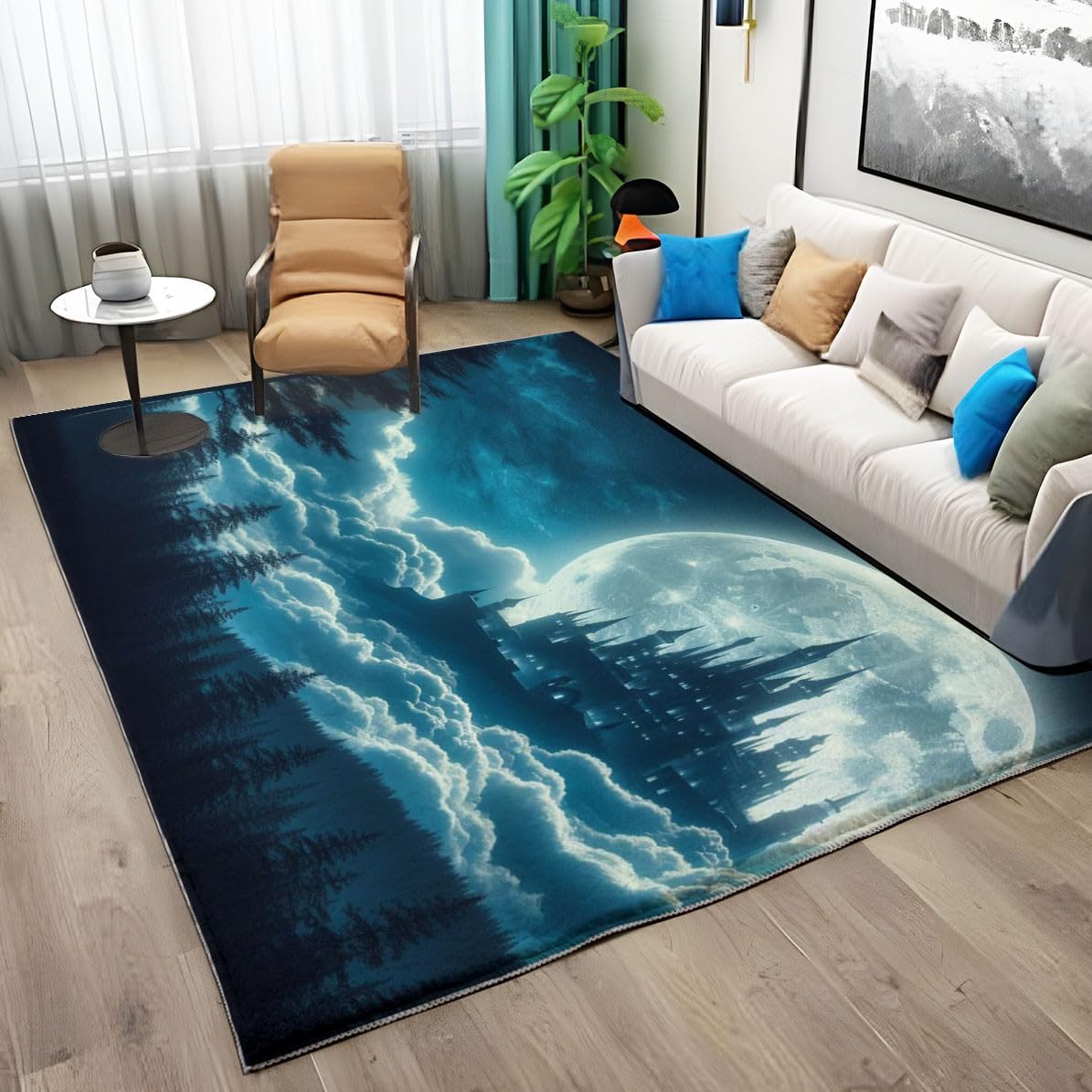 Tapis moderne à poils courts motif bois château nocturne 80x150 cm