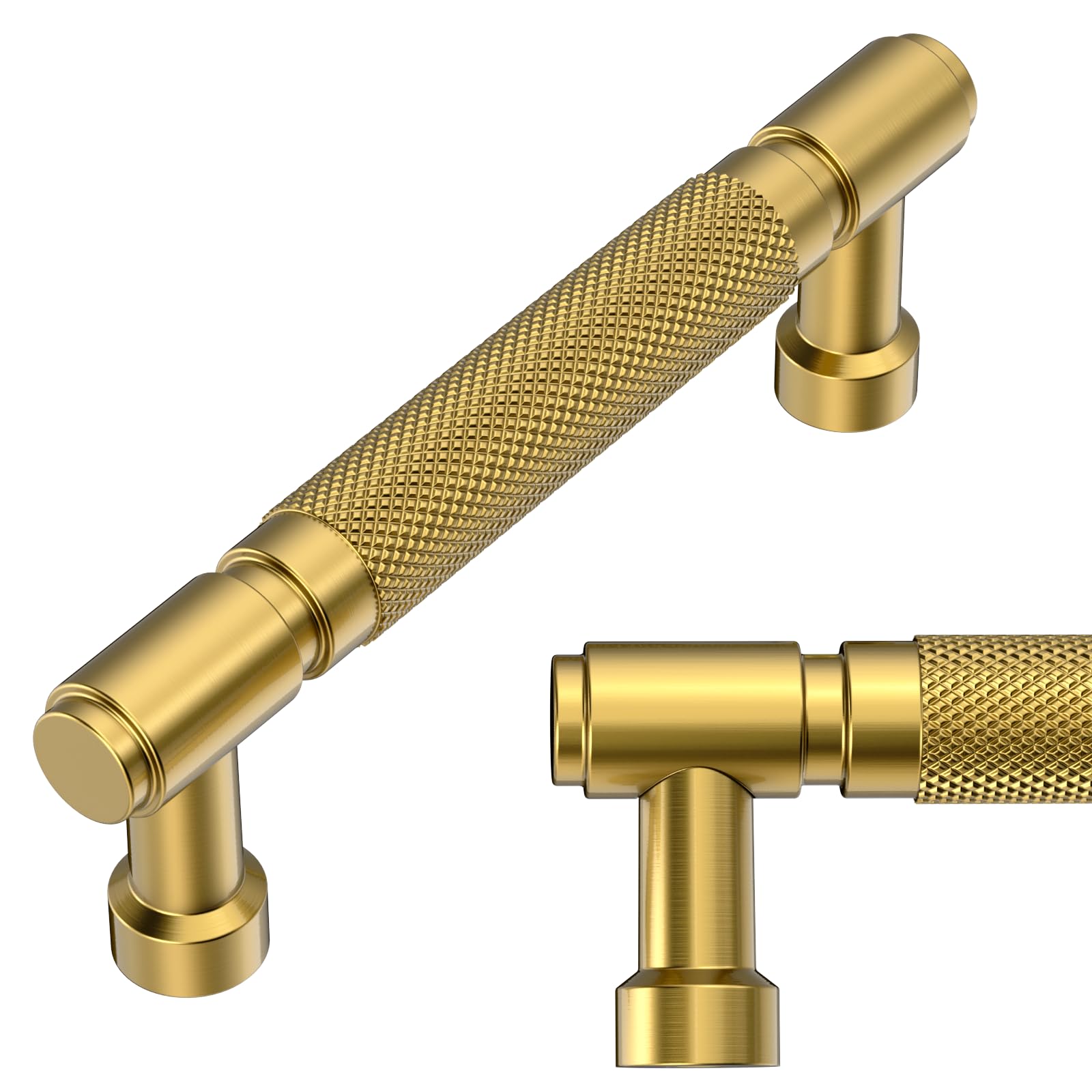 Amerdeco 10 Pack Brushed Moderne Brass Knurled Cabinet Pulls 3.75 Inch(96mm) Hole Center Drawer Pulls Cabinet Hardware Kitchen Cabinet Handles for Bathroom AM032