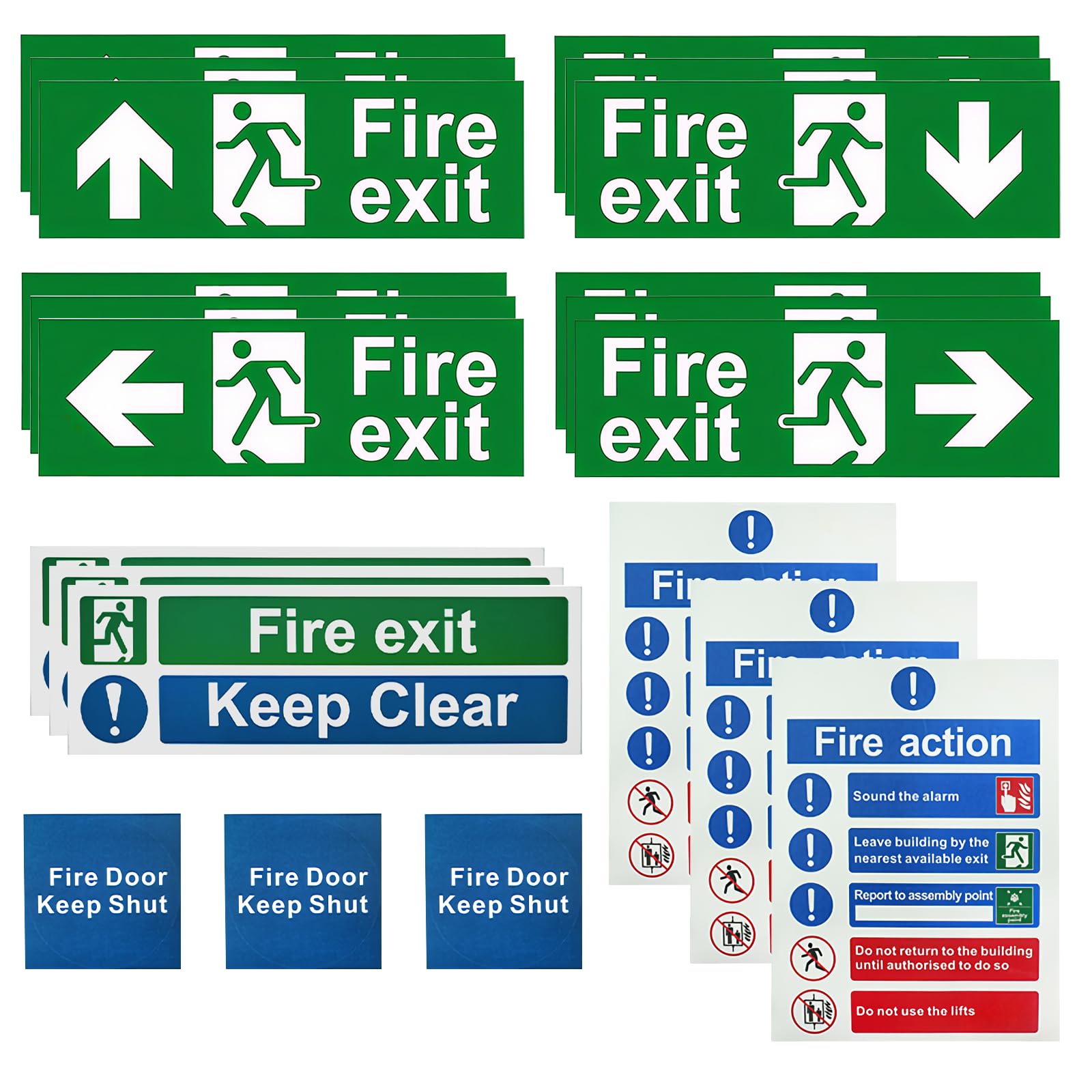 21 Pcs Fire Exit Sign Kit (Up Down Left Right), Self Adhesive Fire Safety Signs with Direction Arrows, Fire Action Notice, Fire Door Keep Shut & Keep Clear, UK Compliant & EN ISO 7010 Standard