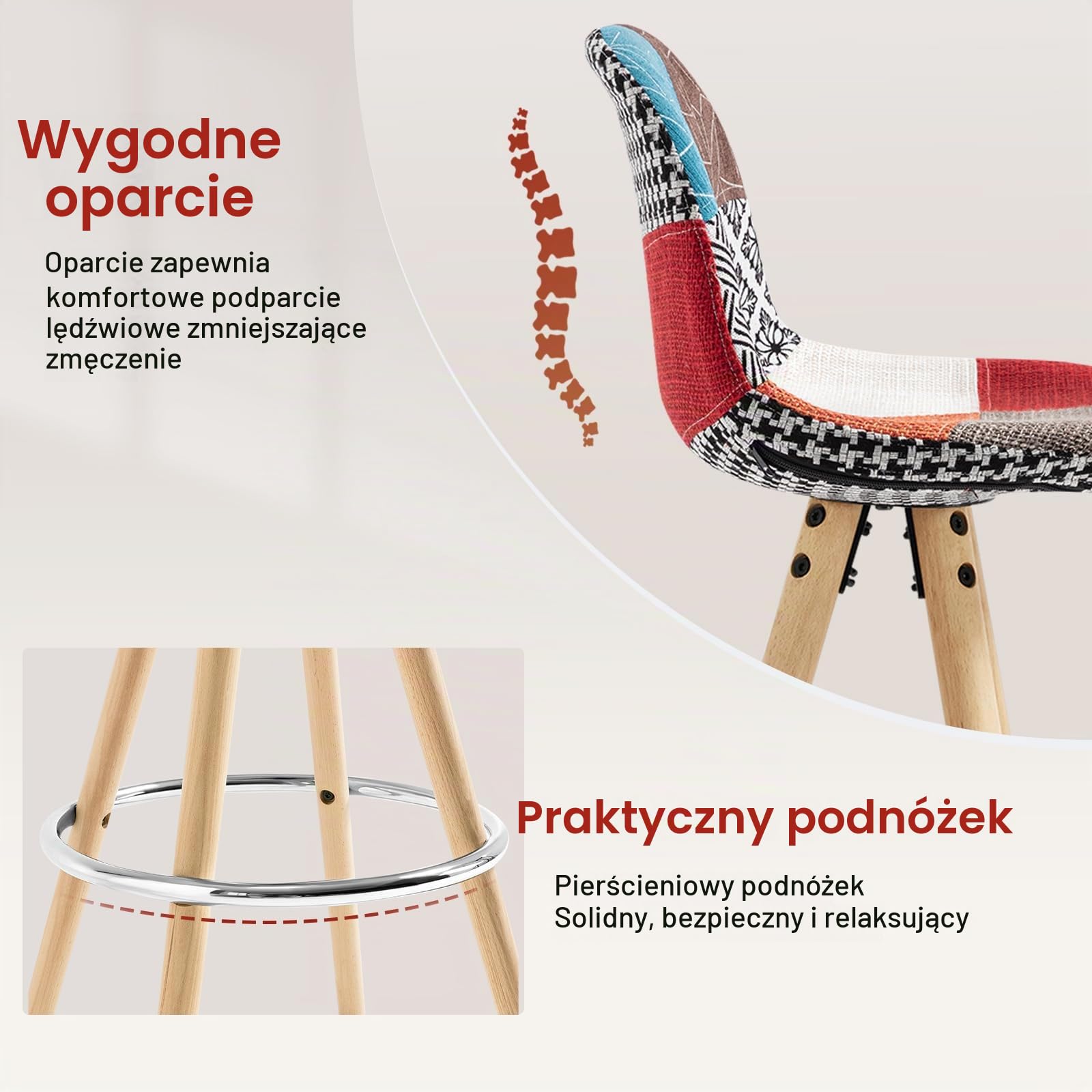 WOLTU 2 x stołek barowy, zestaw 2 krzeseł barowych z lnu, drewniana rama z oparciem + podnóżek, krzesło kuchenne, optymalny komfort, patchwork, wielokolorowe, BH45mf-2