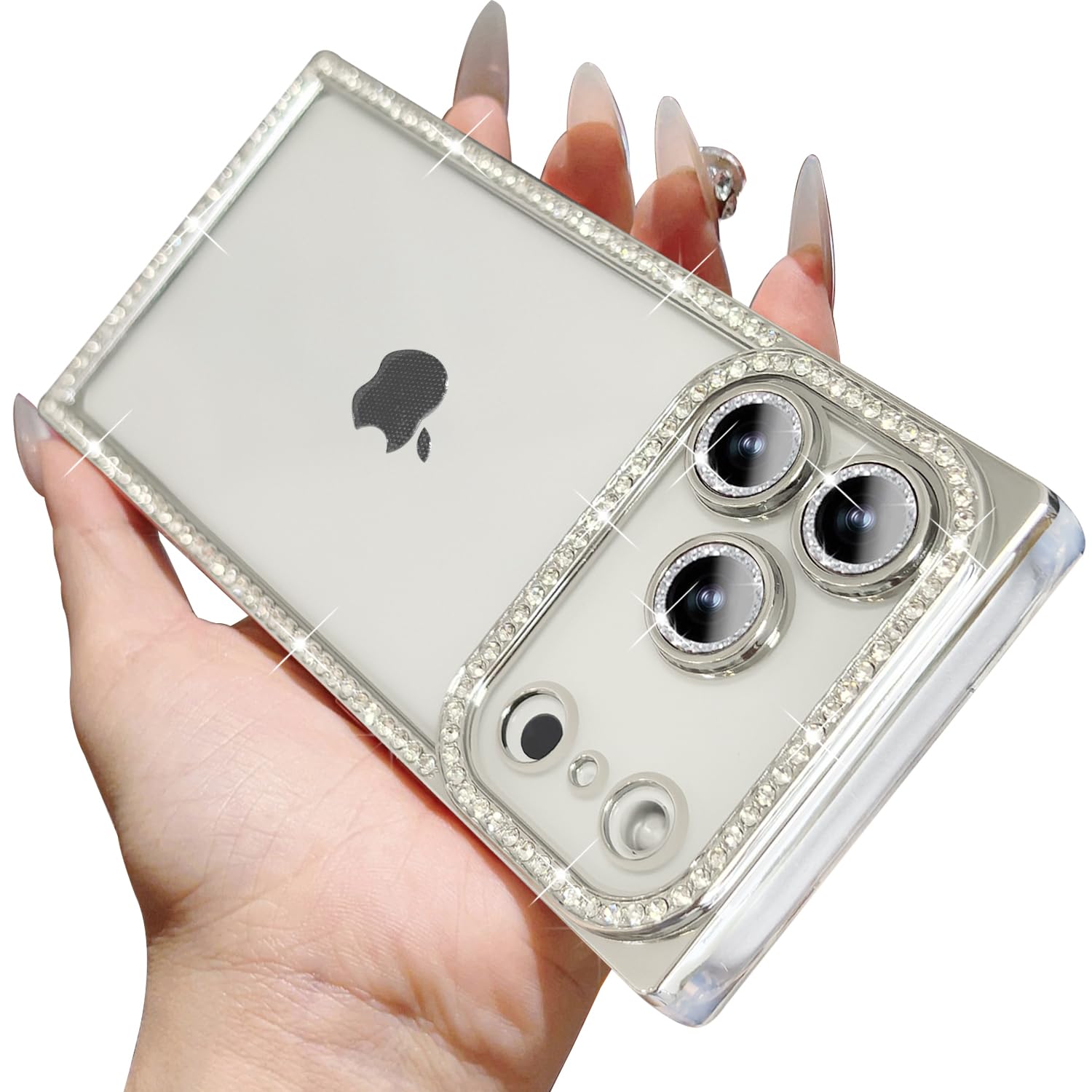 YUYIB スマホケース 対応 iPhone17 Pro クリア ケース 透明 メッキ加工 ドリル きらきら ブリンブリン かわいい キャラクター 衝撃吸収 女性 人気 ストラップホールあり ワイヤレス充電対応 おしゃれ アイフォン17プロ 携帯カバー (シルバー)