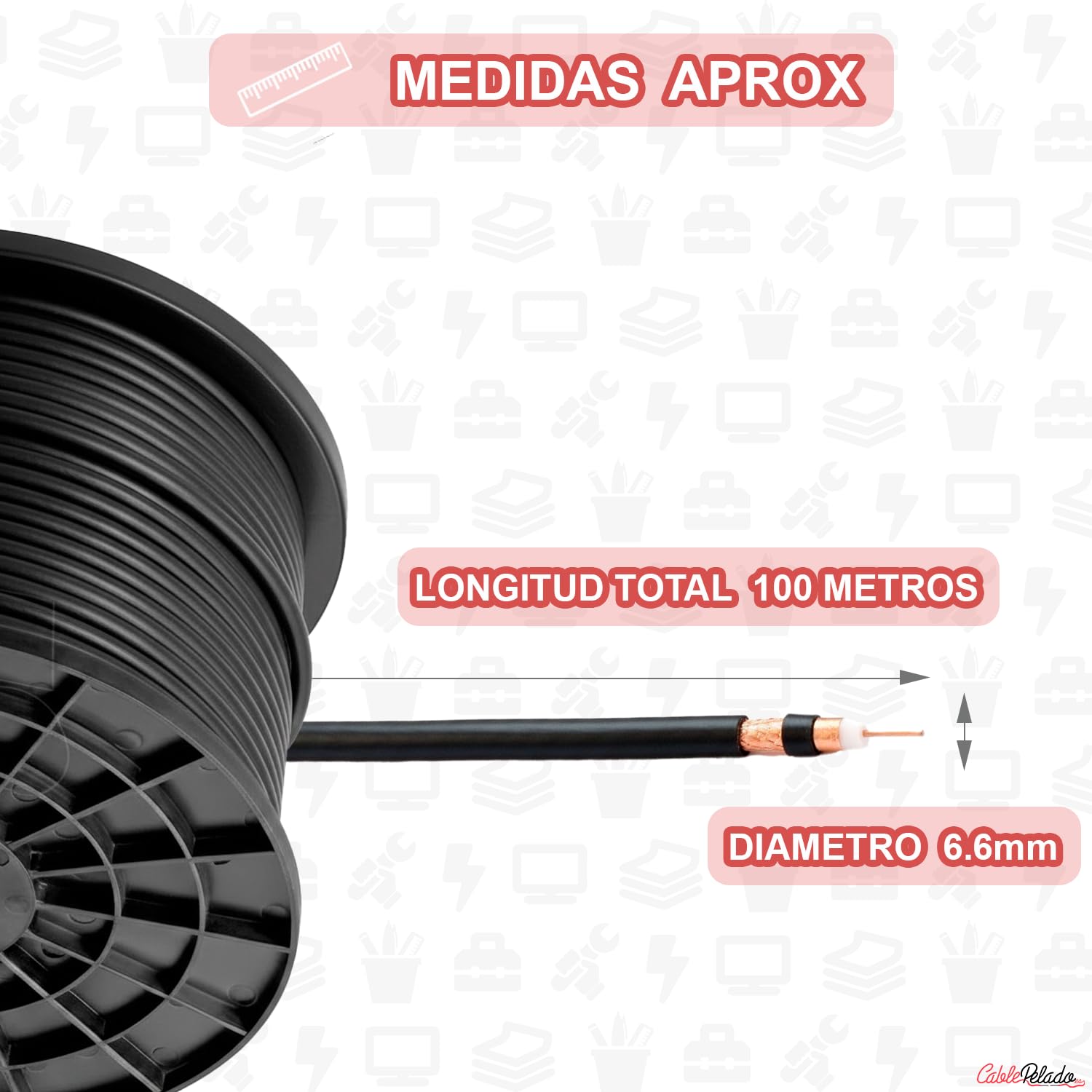 CABLEPELADO - Cable Coaxial PE 100 Metros para Exterior | Conductor de Cobre (Cu) 1,10 mm | Cubierta Resistente de Polietileno (PE) | Impedancia 75 Ohmios | Bobina para Antena TV | Negro
