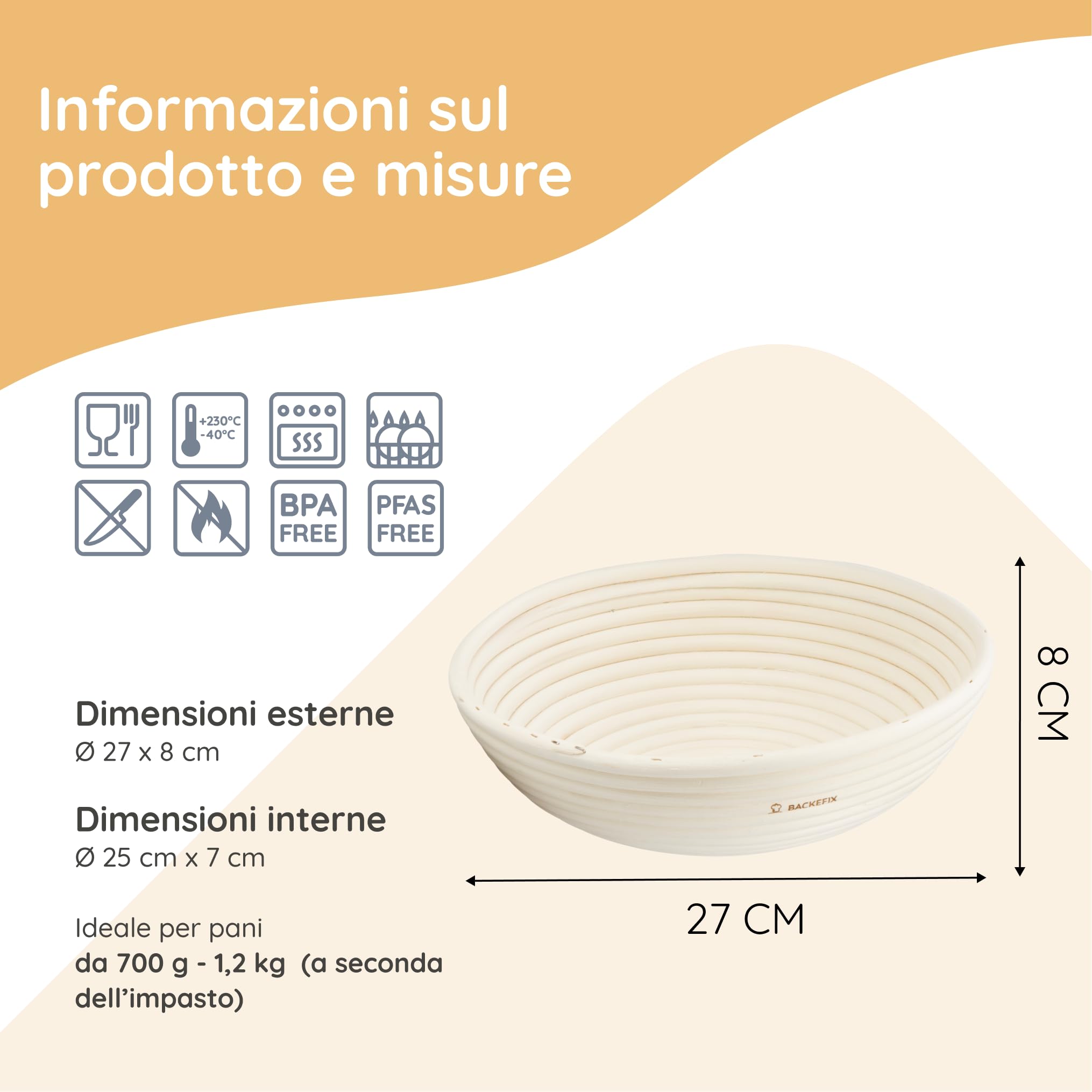 Backefix 500g fino a 1 kg cestino per la lievitazione del pane rotondo piccolo (Ø 23cm) | per un pane perfettamente formato e fatto a mano | Cestino per lievitazione naturale con panno di lino