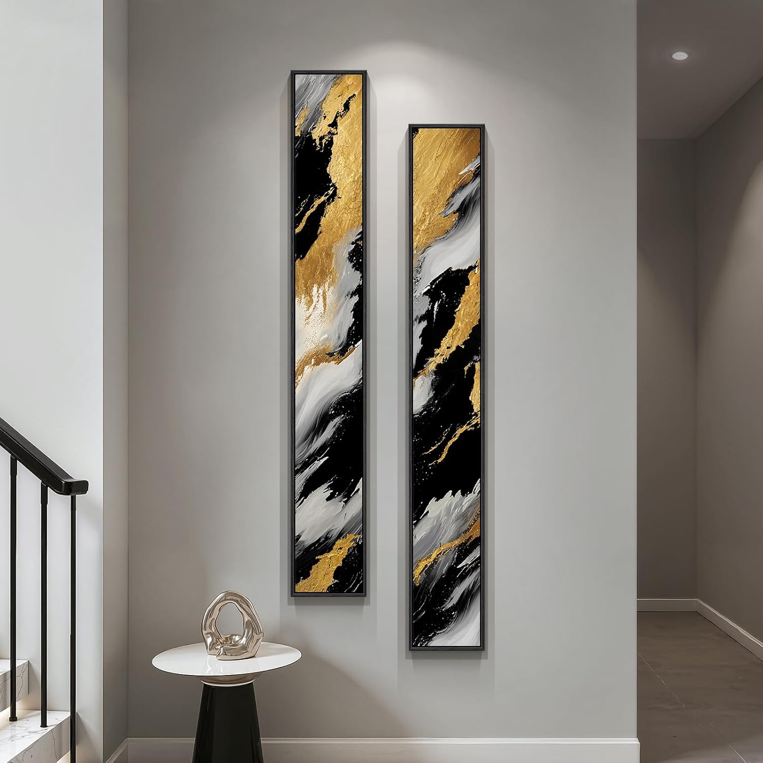 Framed Long Narrow Vertical Abstract Wall Art Set, 2 Piece Black White Gold Luxury Modern Canvas Prints Paintings Artwork for Walls, Pictures for Entryway Hallway Living Room Dining Bedroom Wall Decor 8" W x 56" H x 2Pcs Gold Accents