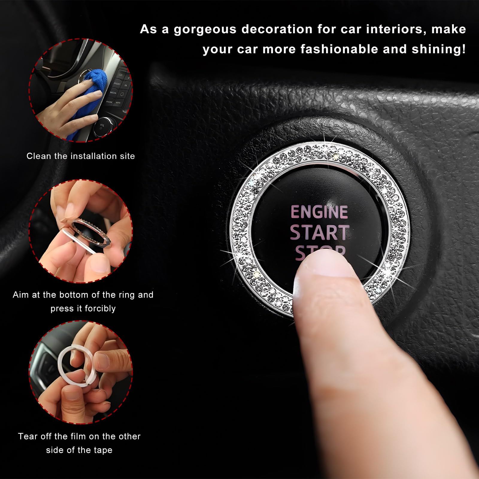 Car Bling Engine Start Ring Decals, Crystal Rhinestone Push Start Button Decorative Ring, Universal Sparkling Key Ignition Knob Cover for Women Girls, Car Accessories (White) - 5