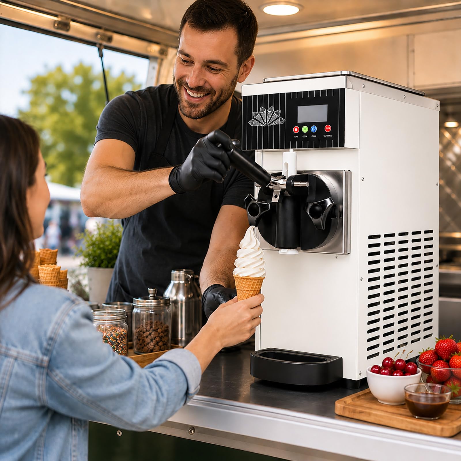 vnmudzeo Single Flavor Ice Cream Machine - 450W Countertop Soft Serve Maker, 84.5oz Hopper, 1L Freezing Cylinder, LCD Panel for Dessert Shops White