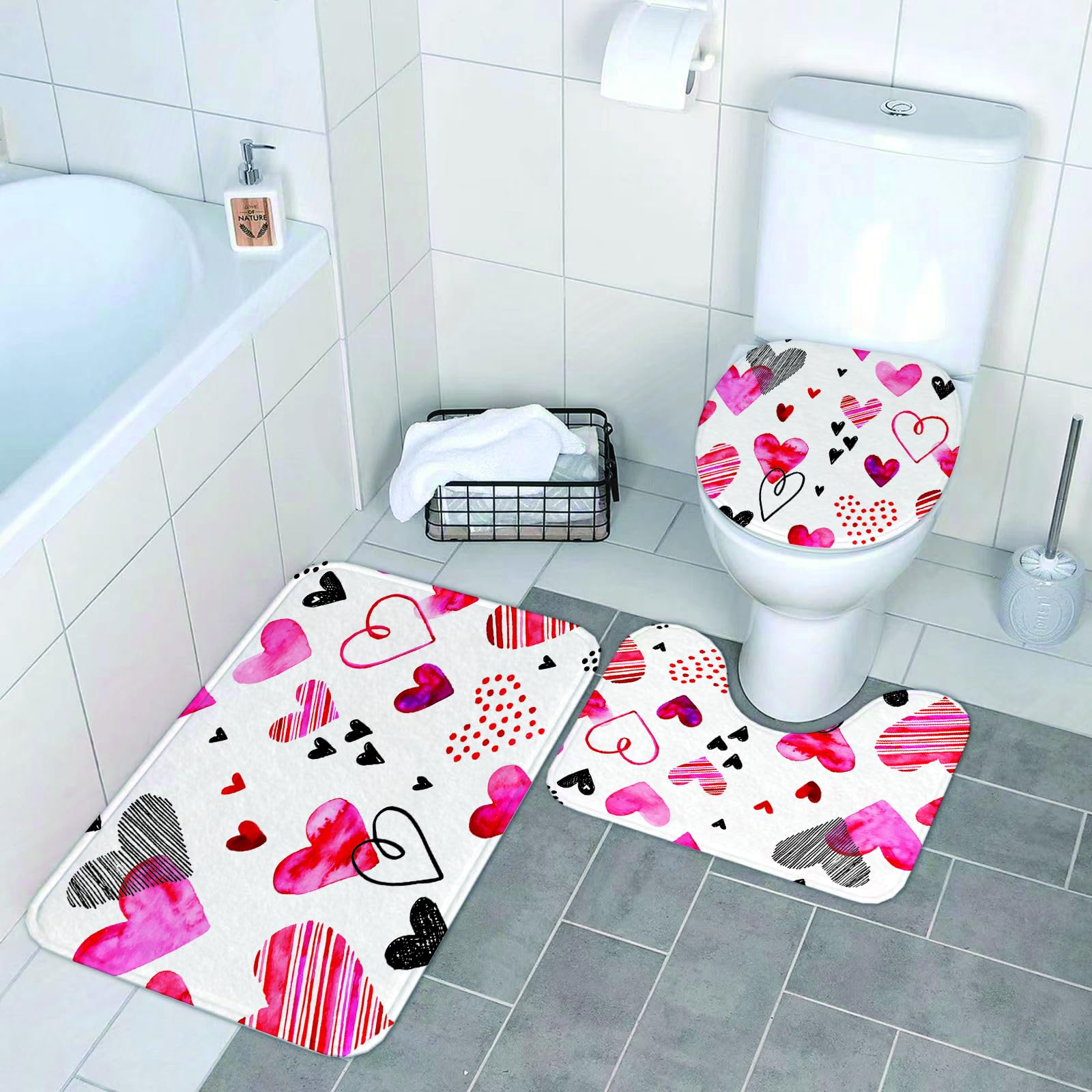 Set di 3 tappetini da Bagno, Lavabili in Lavatrice e Antiscivolo, tappetini in Morbida Fibra Superfine, San Valentino, Diversi Tipi di He1