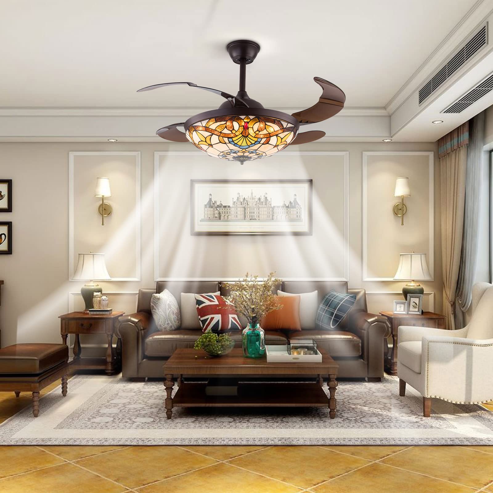 42 Inch Ceiling Fan With Light & Remote - 6 Speeds, 3 Color Lights, Retractable Stained Glass Blades For Bedroom, Living Room