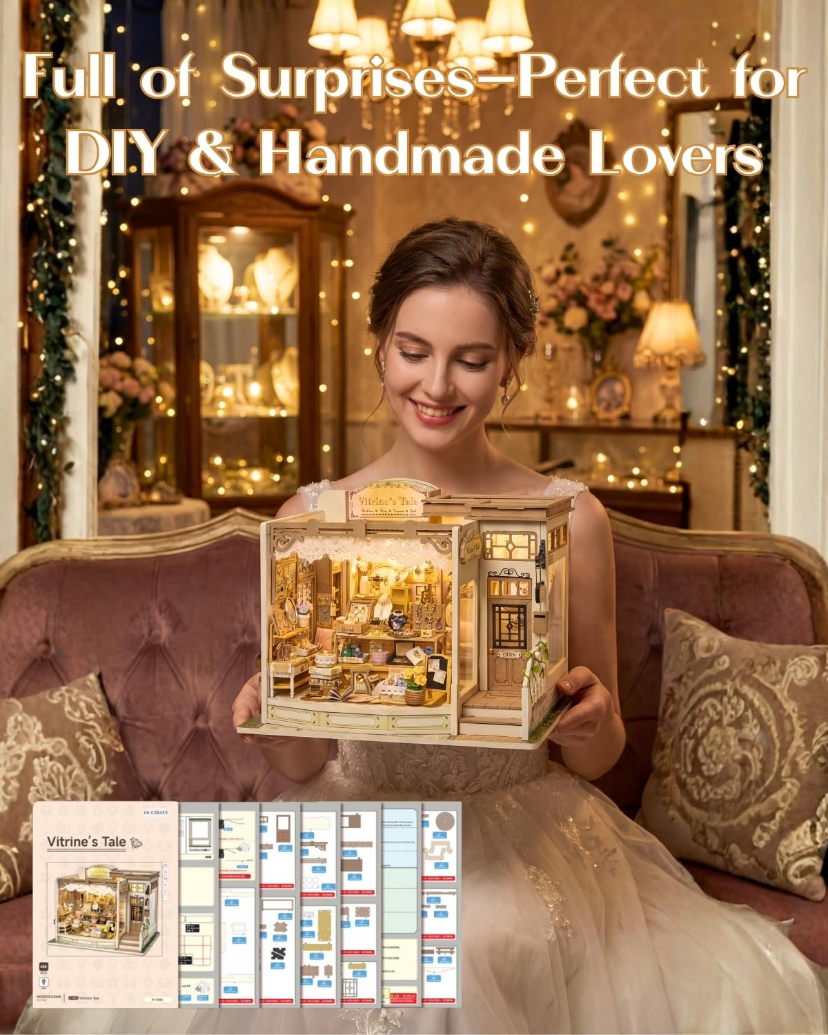 Vitrine's Tale - Kit de casa en miniatura con luz LED - Kit de casa de muñecas - Rompecabezas 3D de madera para casa de libros, rincón de Halloween, cumpleaños para mujeres