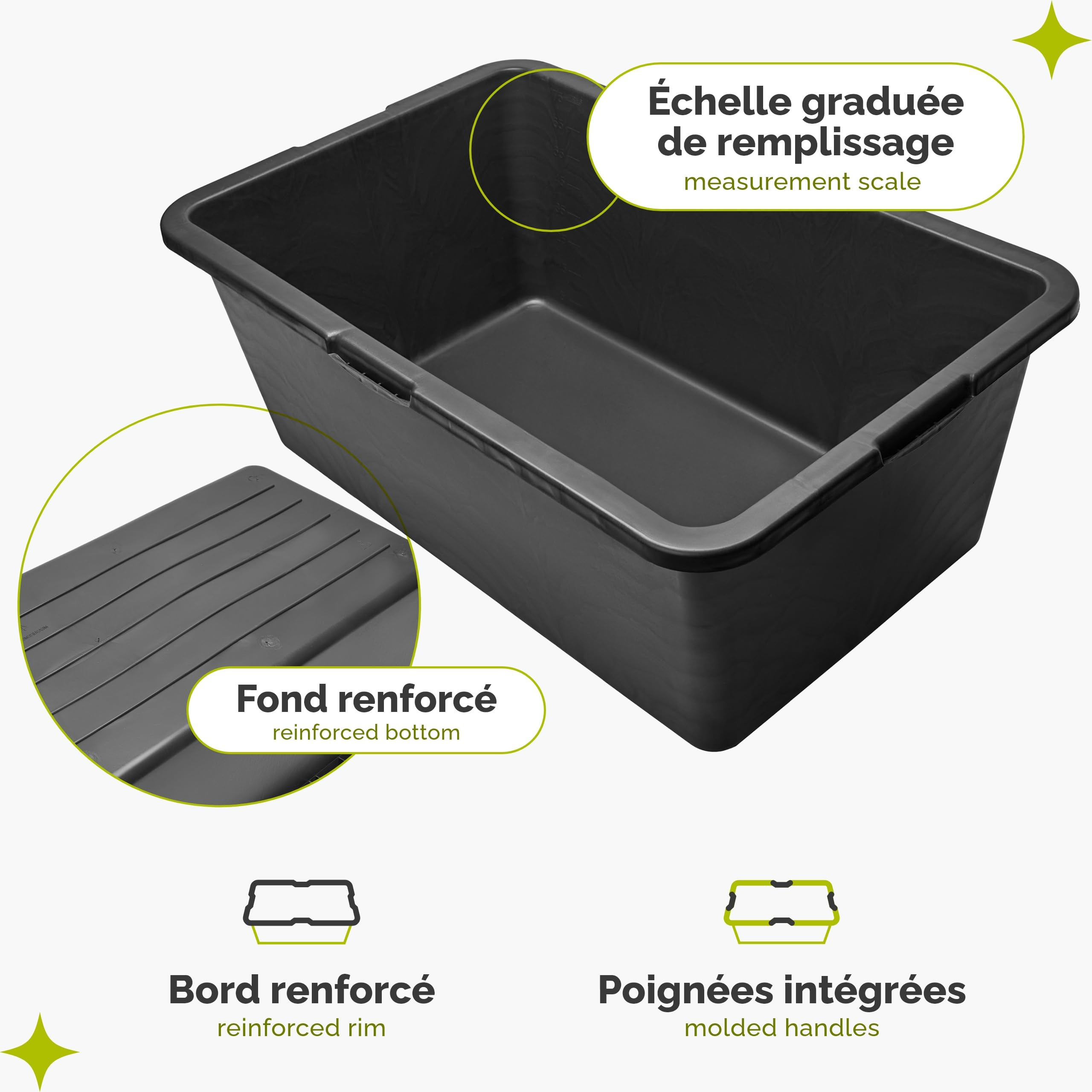 Garronda Bac à mortier rectangulaire en plastique recyclé Noir 80 L Lot de 1, fond renforcé, échelle graduée, bac plastique rectangulaire empilable pour chantier, auge de maçon GD-0169