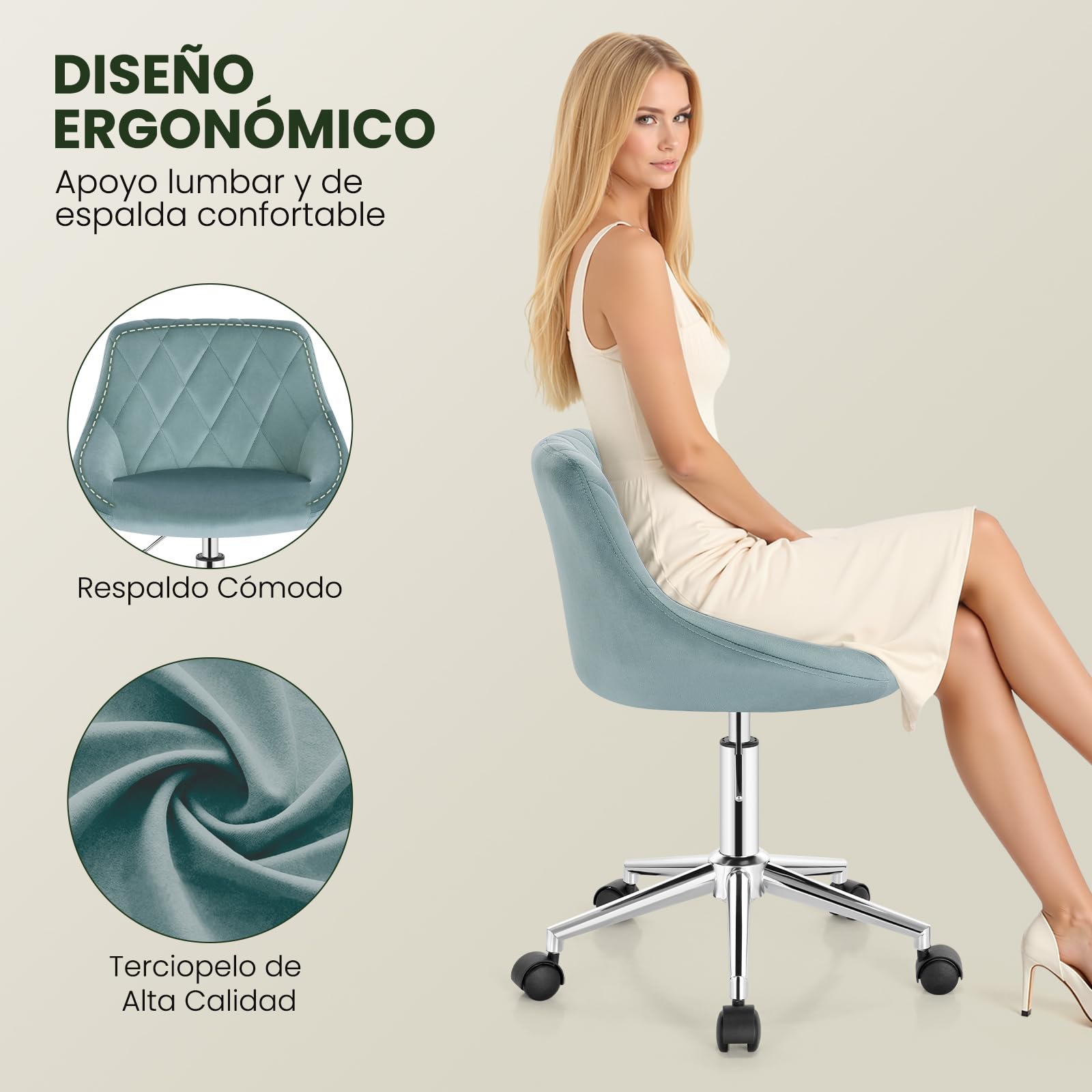 EUGAD Silla de Oficina en Casa, Silla Giratoria, Terciopelo, Turquesa | Silla de Escritorio con Ruedas Taburete de Oficina de Terciopelo, Ergonómica, Altura ajustable